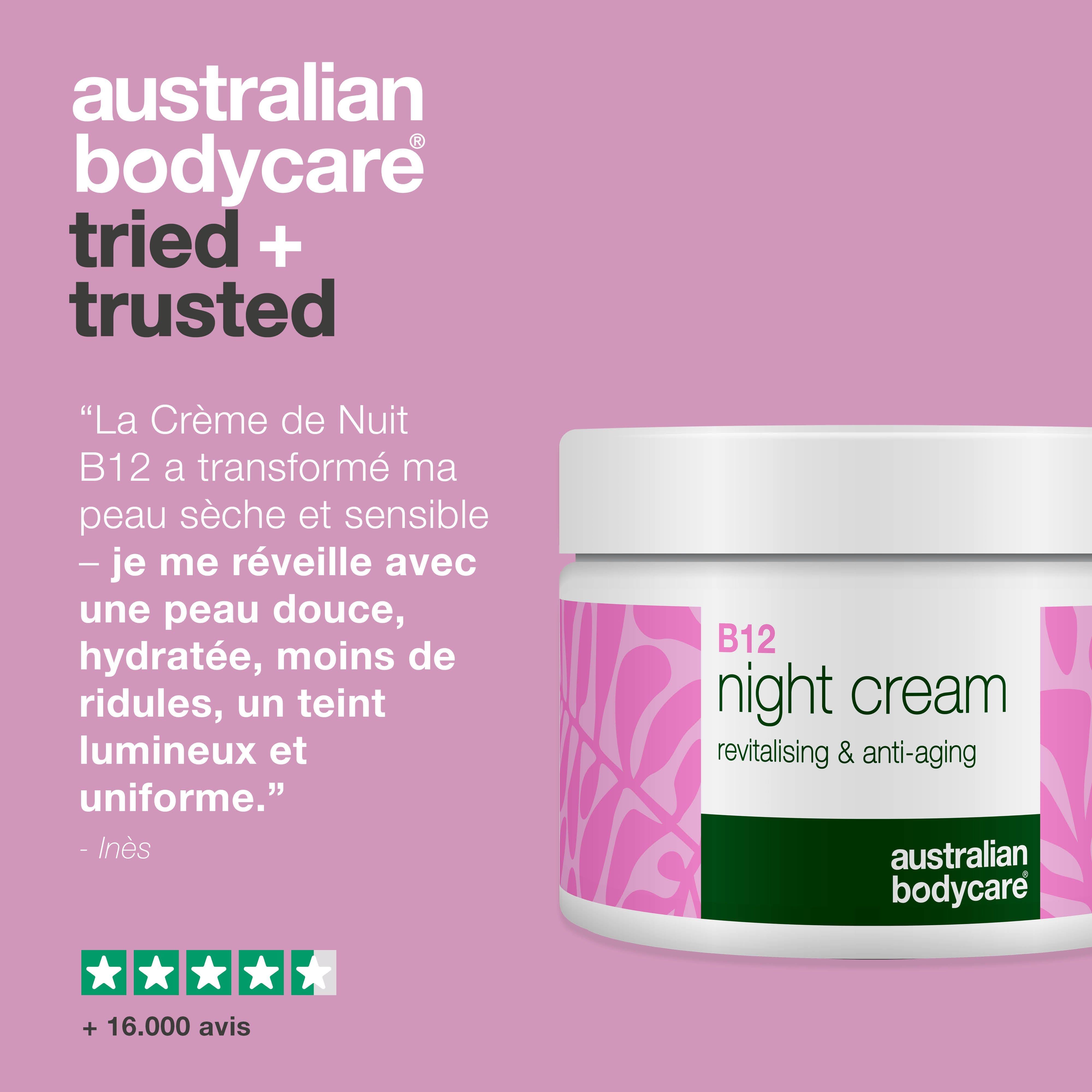 Pot de crème de nuit B12. Texte : B12 night cream, revitalising & anti-aging. Texte : La Crème de Nuit B12 a transformé ma peau sèche et sensible.