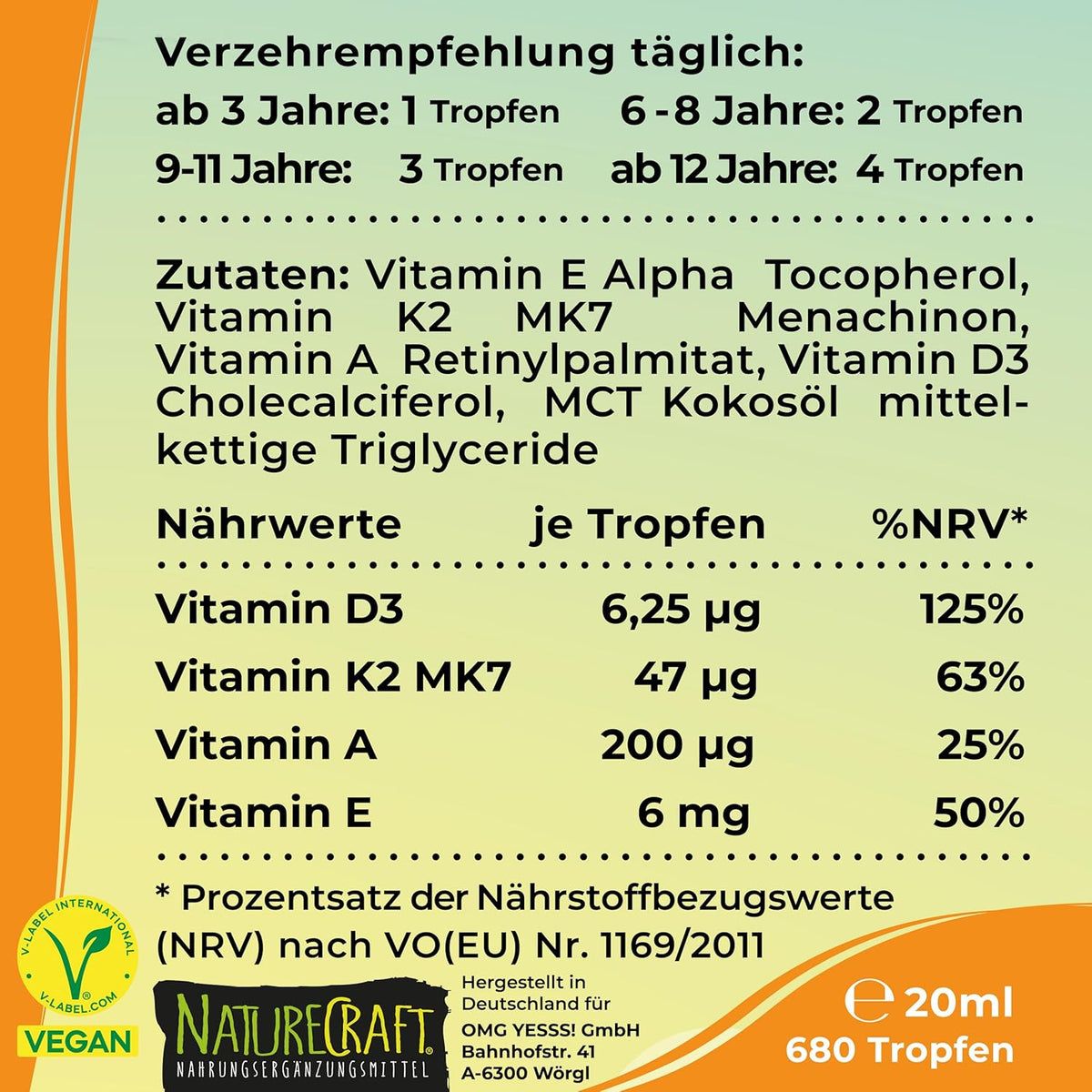 Voedingstabel met vitamine D3, K2, A en E. Vegan logo. Tekst: NatureCraft. 20ml, 680 druppels.