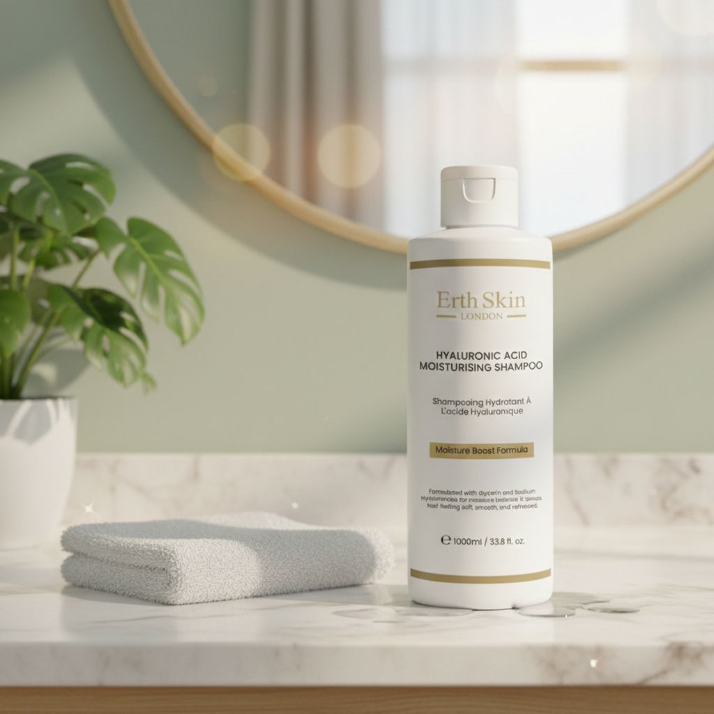 Wit shampoo met gouden accenten. Opschrift: Erth Skin London, Hyaluronic Acid Moisturizing Shampoo. Naast een handdoek op een marmeren oppervlak.