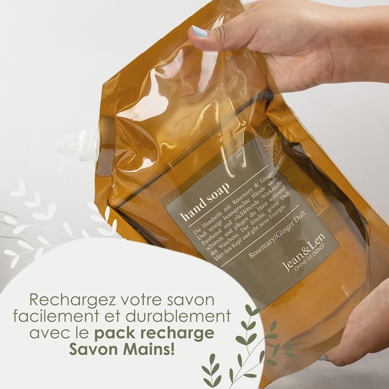 Recharge de savon pour les mains au parfum Romarin & Gingembre de Jean & Len.