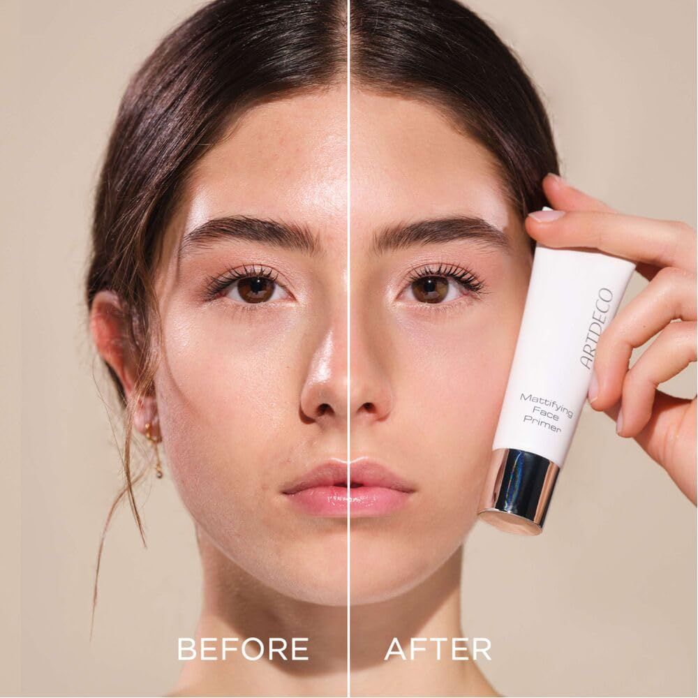 Voor-en-na vergelijking. Een vrouw houdt een tube vast met de tekst ARTDECO Mattifying Face Primer.