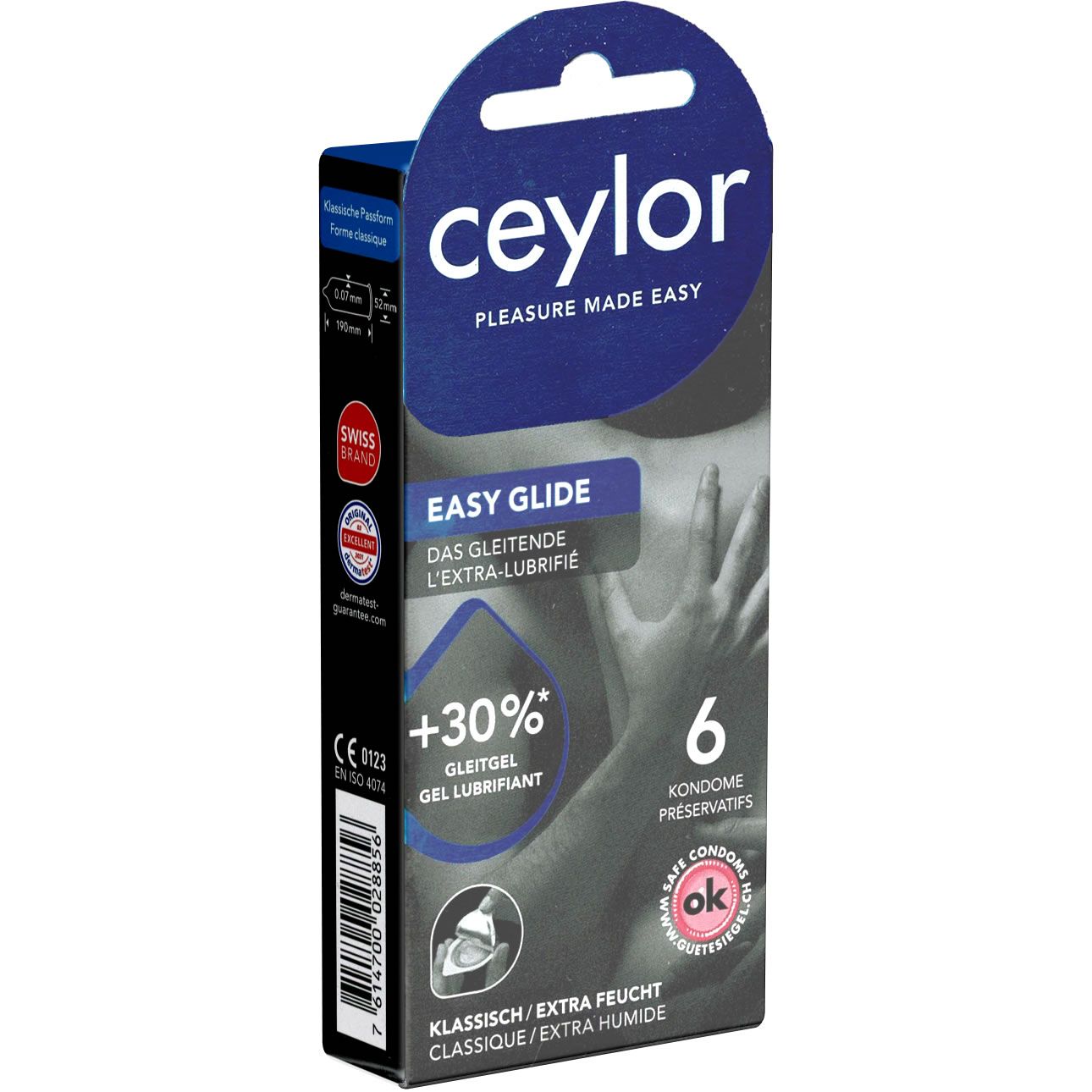 Verpakking van Ceylor Easy Glide condooms. Bevat 6 condooms. Opschrift: Easy Glide, +30% glijmiddel, Klassiek/Extra vochtig. Swiss Brand.