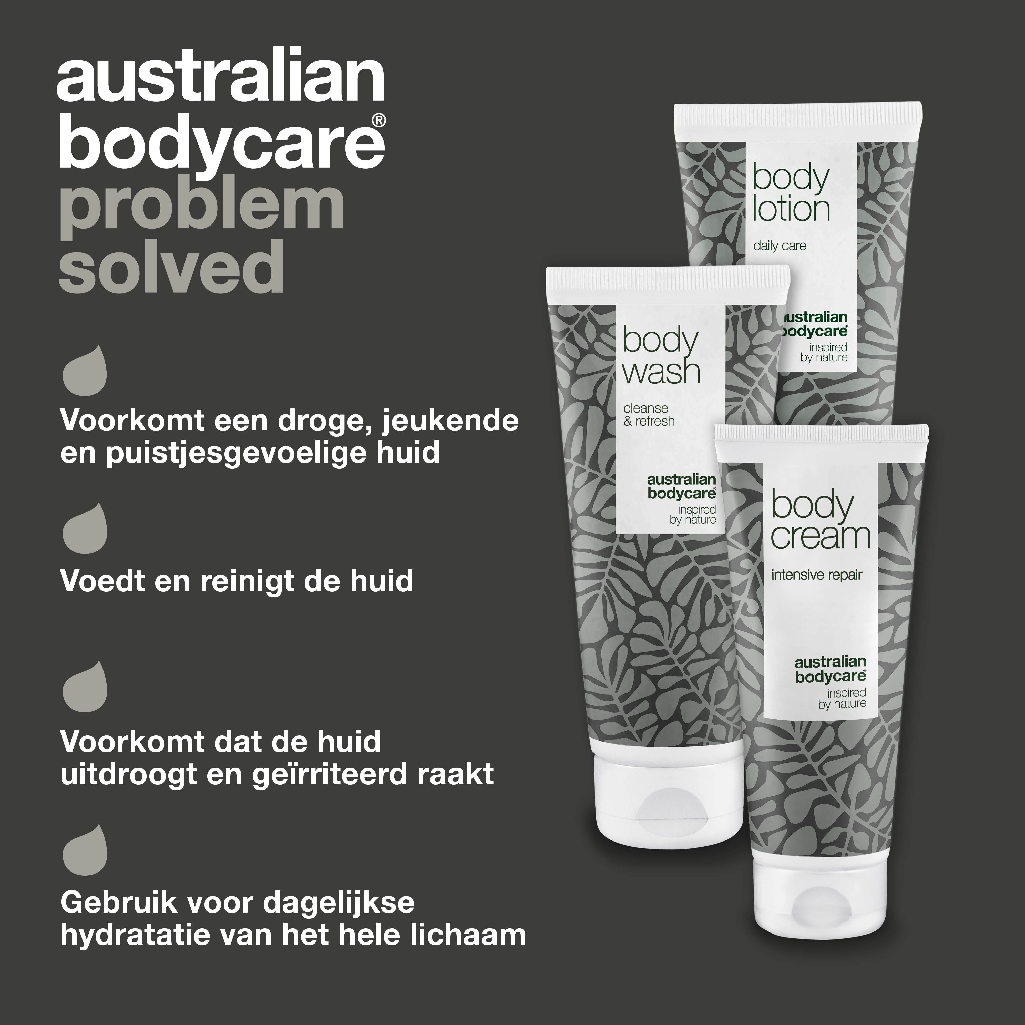 Probleem opgelost. Producten: Body Scrub, Body Wash, Body Cream. Tekst: Voor een droge, jeukende en puistjesgevoelige huid.