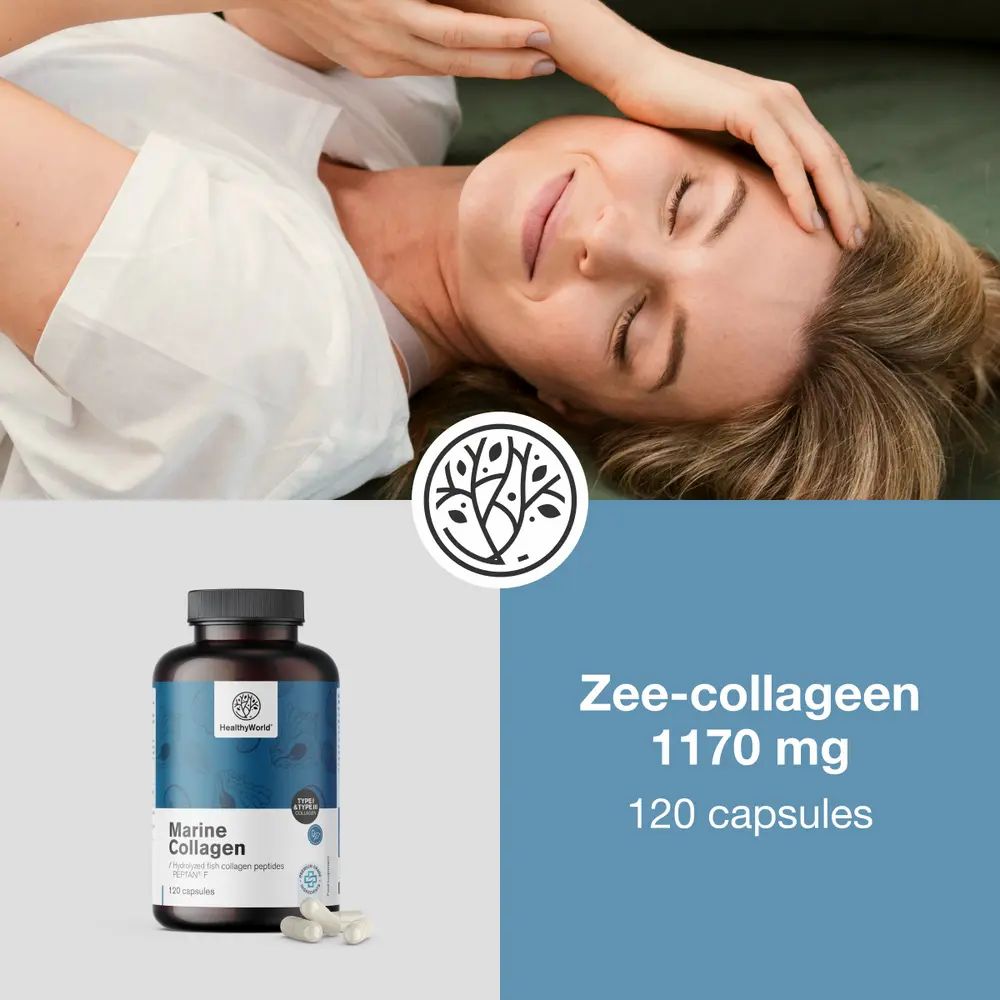 Fles met tekst: Zeecollageen 1170 mg, 120 capsules. Logo: HealthyWorld. Vrouw ligt.