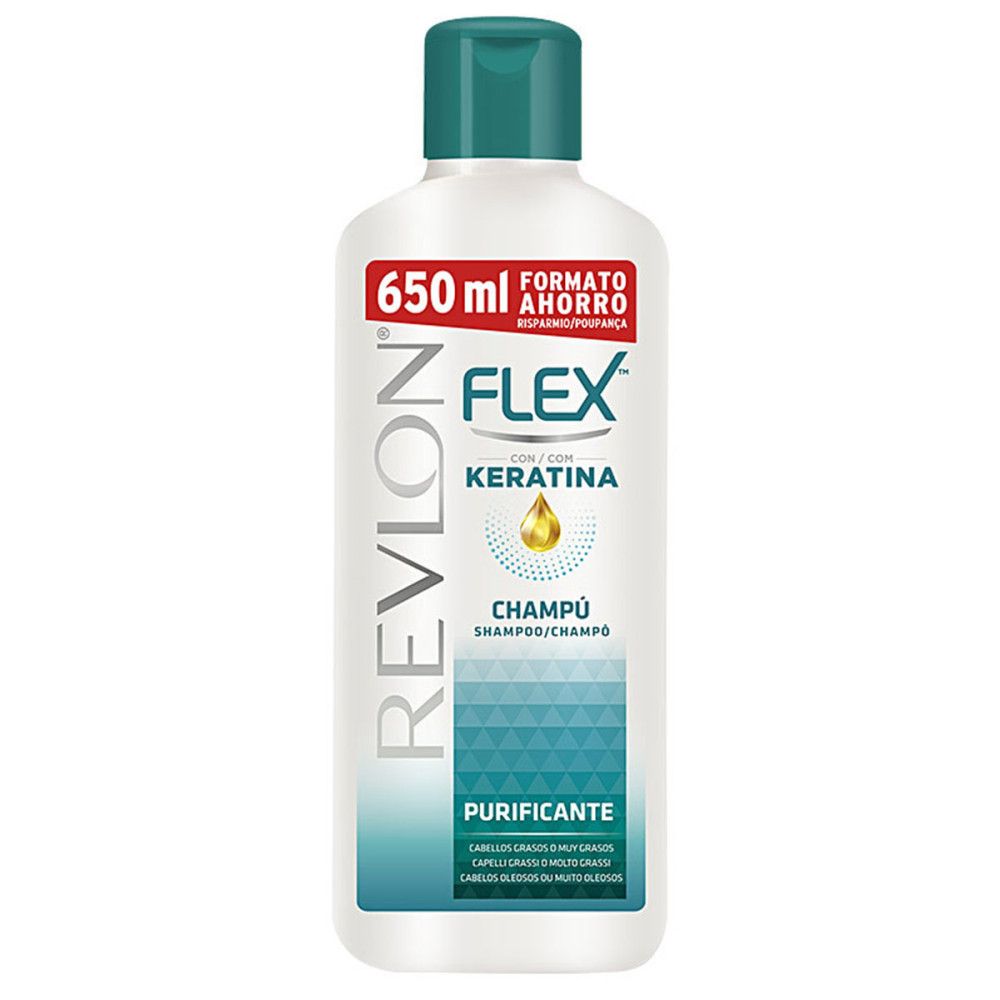 Shampoo Revlon Flex. Bouteille blanche, bouchon vert. Inscription: 650 ml, Flex, Kératine, Champú. Purifiant. Cheveux gras.