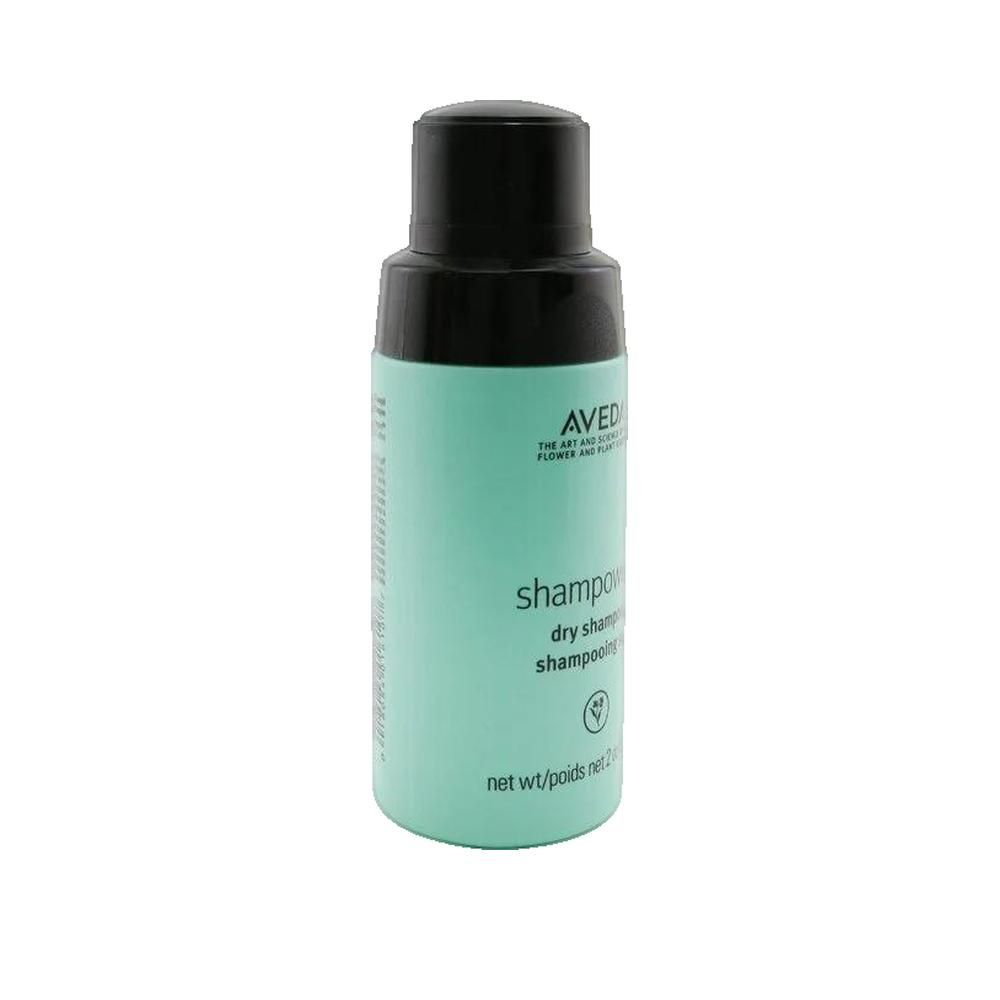 Flacon turquoise, bouchon noir. Logo AVEDA et nom du produit. Texte: dry shampoo, shampoing sec.