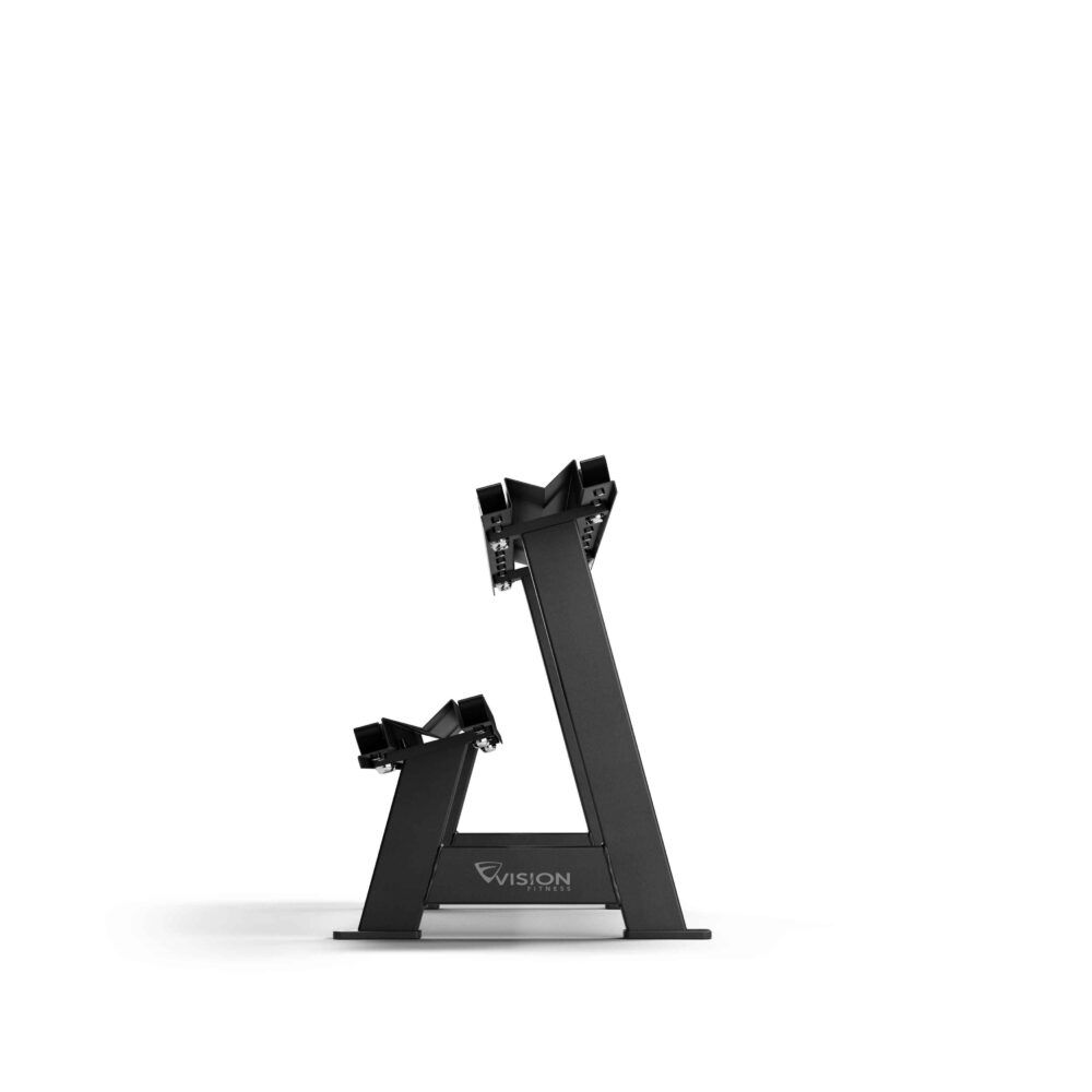 Support haltères noir, vue latérale. Deux niveaux, supports en forme de A. Logo "VISION" sur le pied.