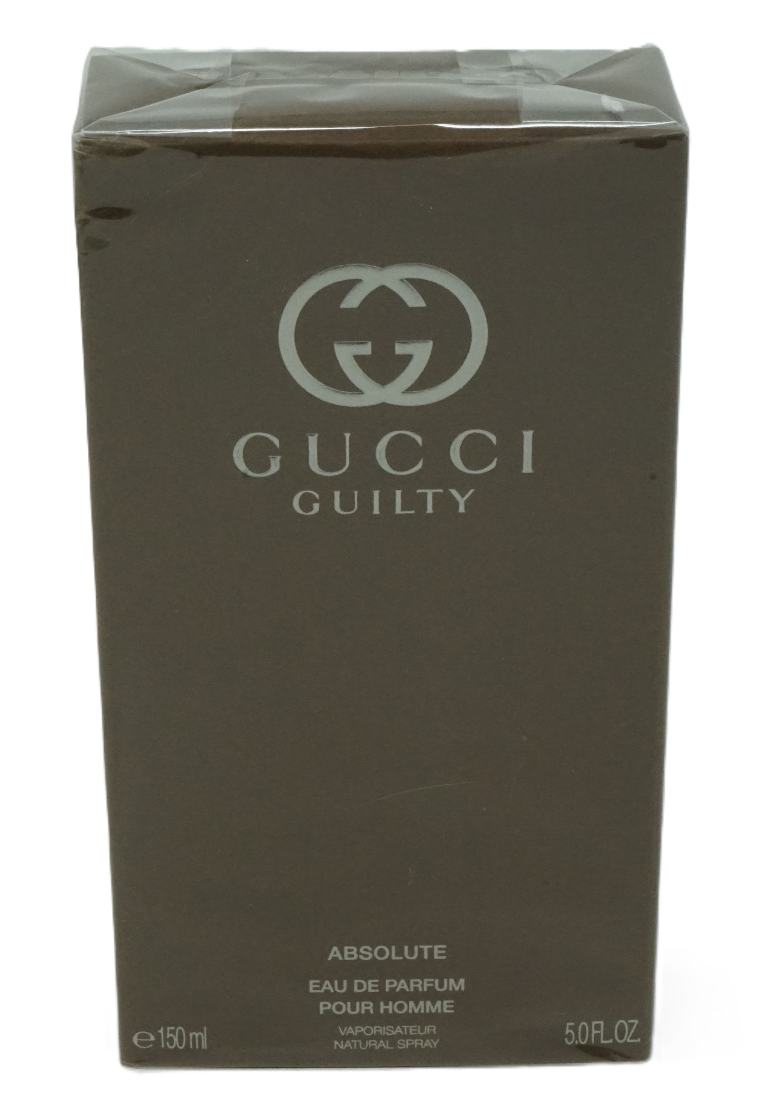Gucci Guilty Absolute Pour Homme Eau De Parfum fles in verpakking. Logo en productnaam.