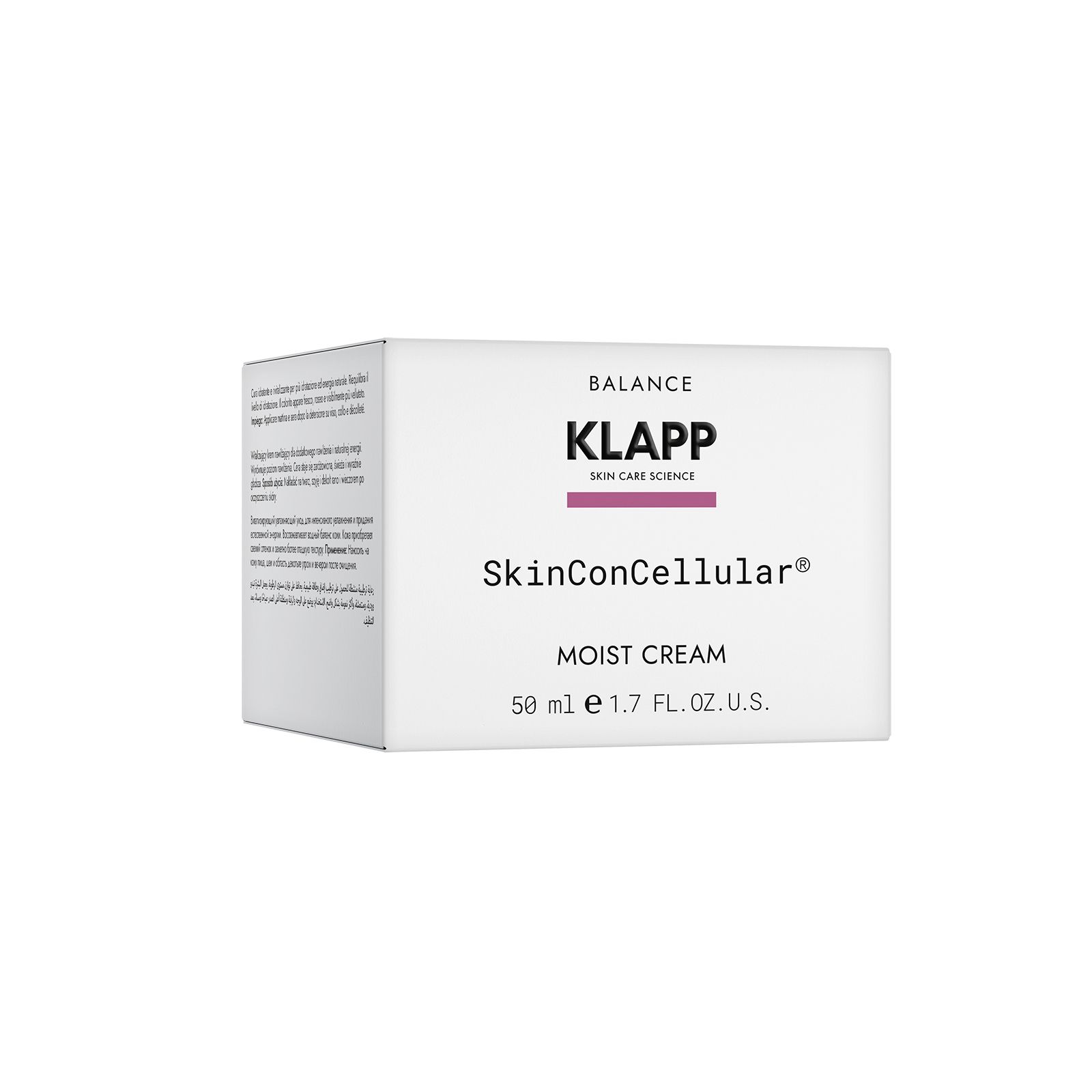 Witte verpakking met Klapp-logo, SkinConCellular Moist Cream en tekst. 50 ml.