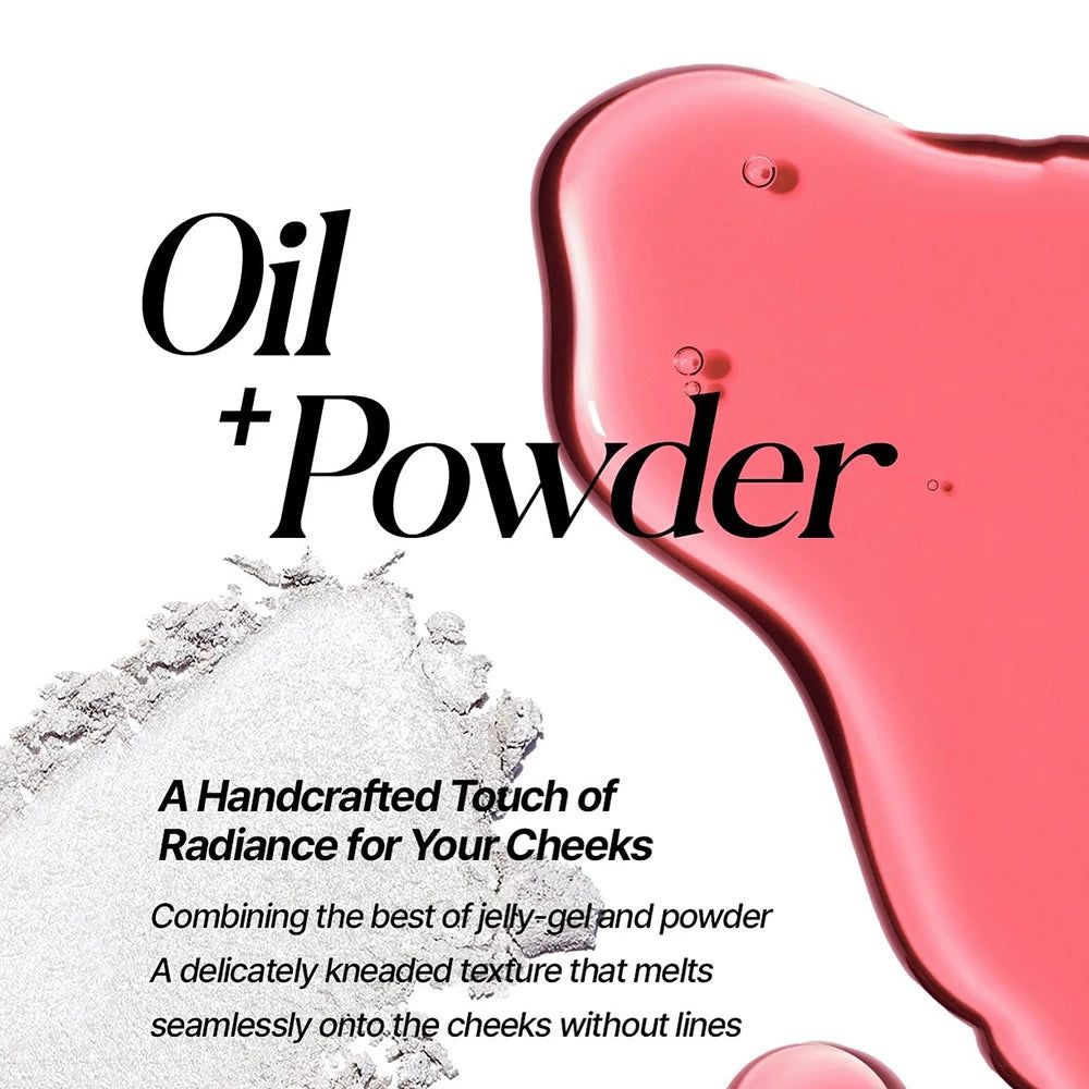 Texte 'Oil + Powder' et description du produit. Textures de poudre et de liquide visibles à côté du texte.