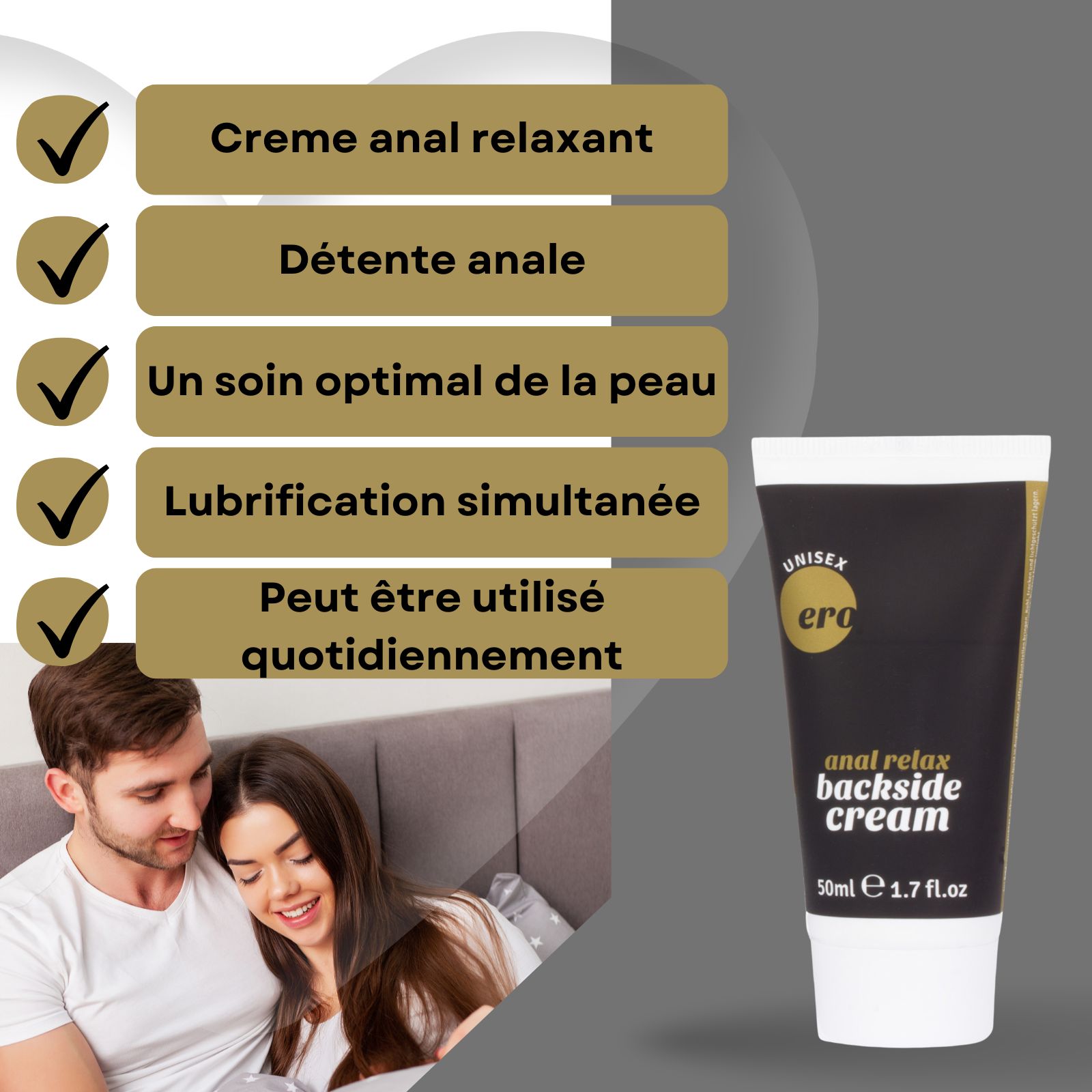 Tube de crème. Inscription : "Ero", "Anal relax backside cream". 50ml. Couple au lit.