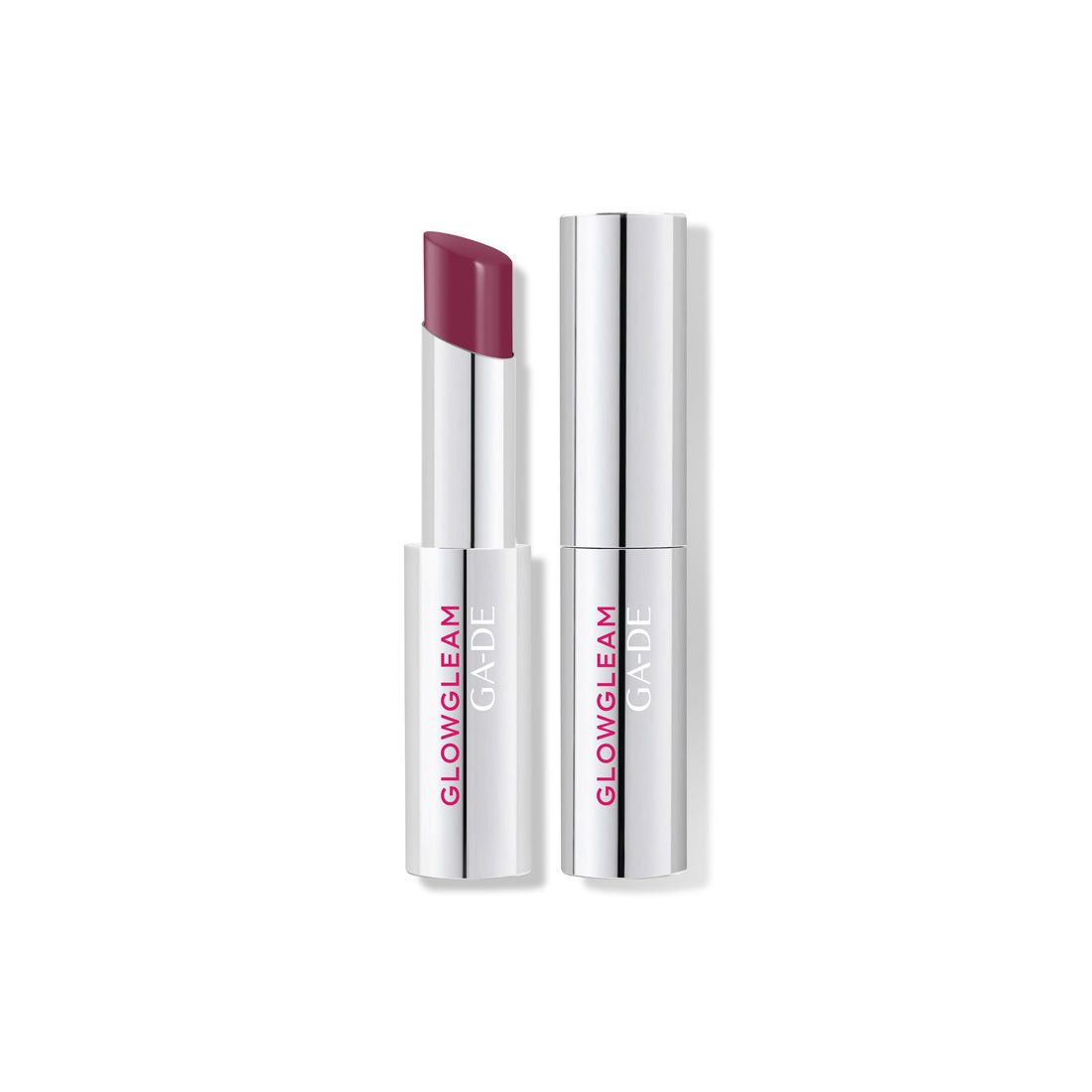 Rouge à lèvres dans un étui argenté. Le rouge à lèvres est ouvert et affiche une couleur rose. Le nom "GLOWGLEAM GA-DE" est visible.