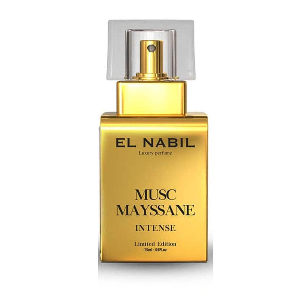 Flacon doré avec vaporisateur et bouchon transparent. Inscription : EL NABIL, MUSC MAYSSANE INTENSE, Édition Limitée.