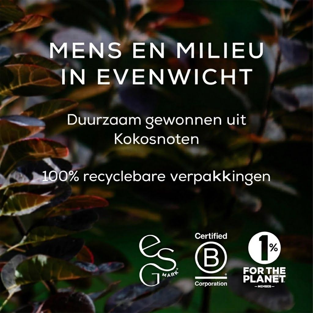 Mens en milieu in evenwicht. Duurzaam gewonnen uit kokosnoten. 100% recyclebare verpakkingen. Gecertificeerd B Corp en 1% for the Planet.