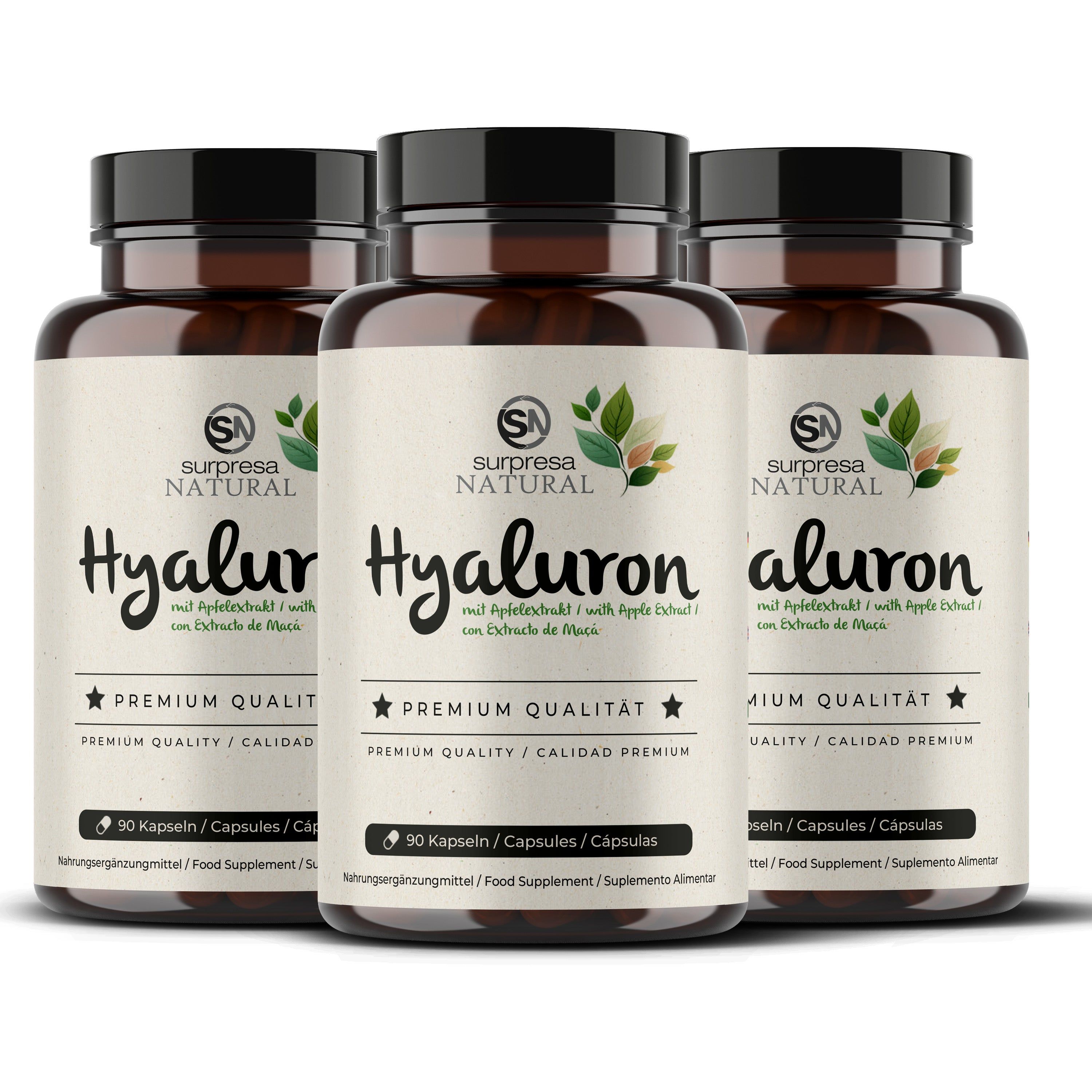 Drie flessen Surpresa Natural Hyaluron capsules met appel-extract. Premium kwaliteit, 90 capsules per fles.