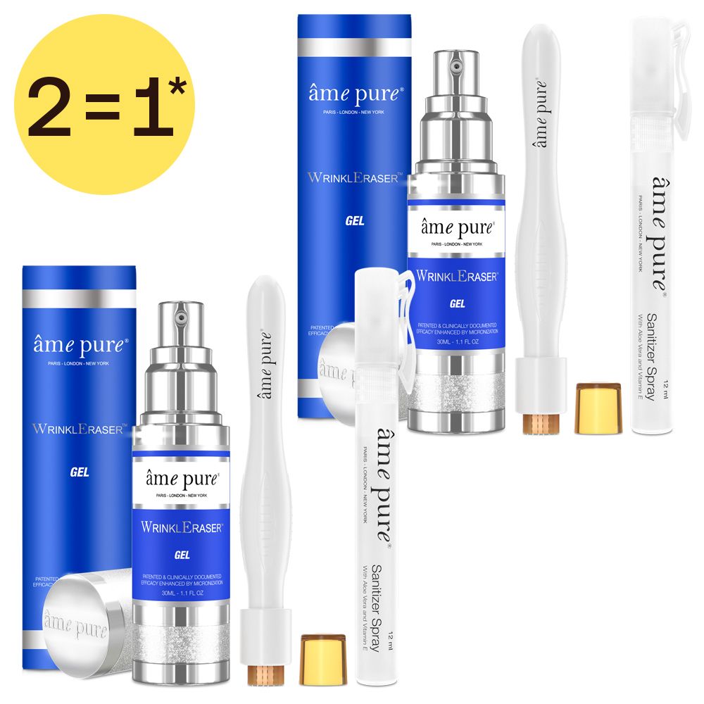 Twee flacons "Wrinkle Eraser Gel", twee applicators, een "Sanitizer Spray" en een "2=1"-sticker.