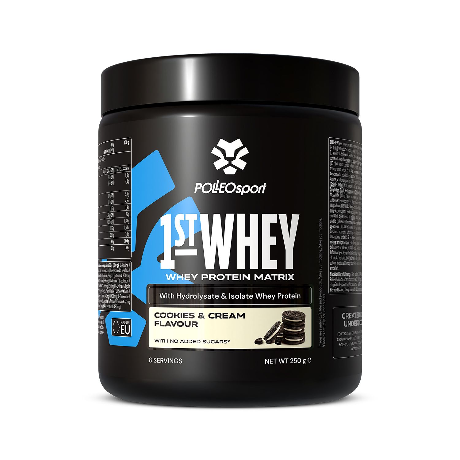 Pot "PolleoSport 1st Whey" Cookies & Cream, 250g. Bevat gehydrolyseerde & isolaat wei-eiwit.
