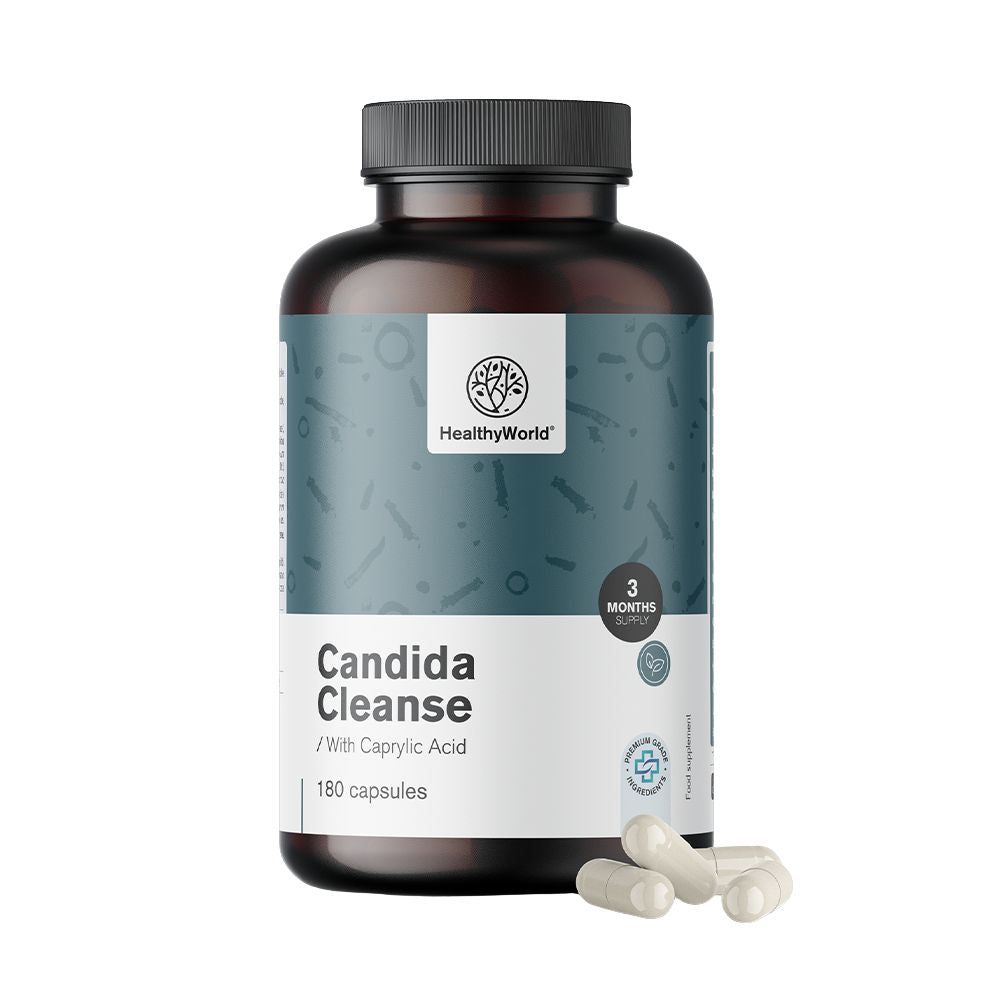Bruine fles met capsules. Opschrift: Candida Cleanse, 180 capsules. Logo: HealthyWorld. Bevat caprylzuur. 3 maanden voorraad.