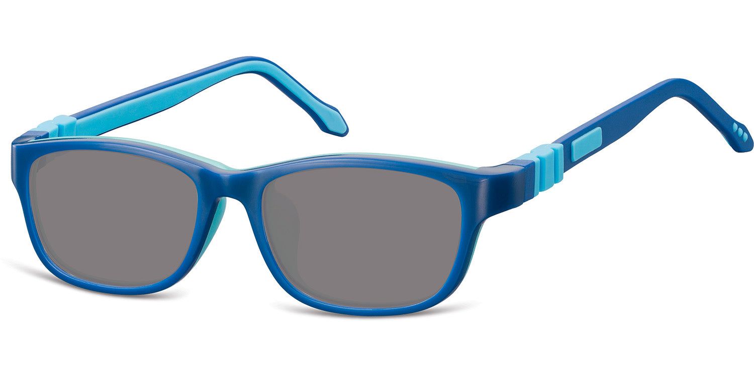 Lunettes de soleil bleues avec verres gris. Branches et monture bleues. Vue détaillée.