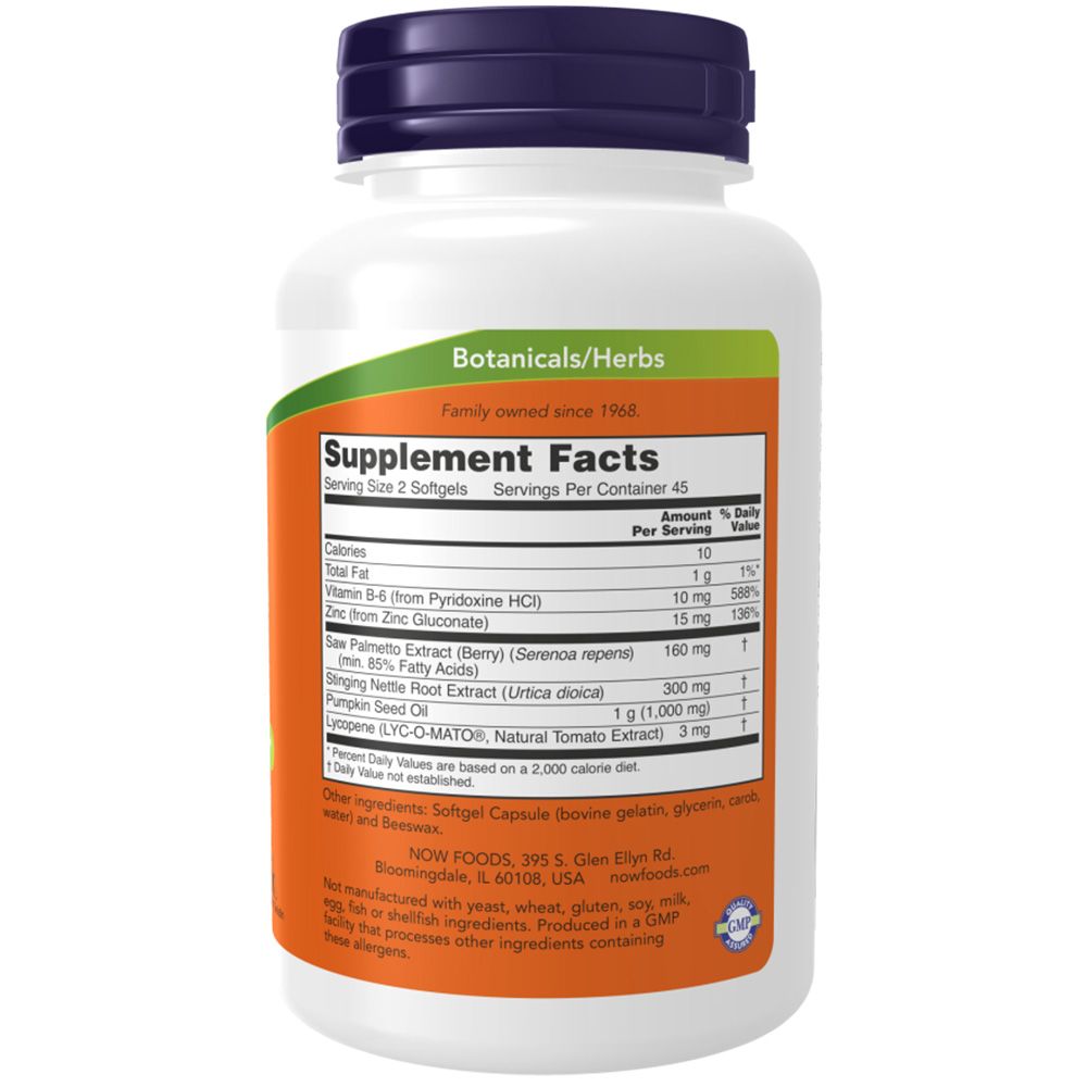 Witte pillenfles met blauwe dop. Oranje etiket met voedingsinformatie. Tekst: NOW FOODS, Prostate Support.