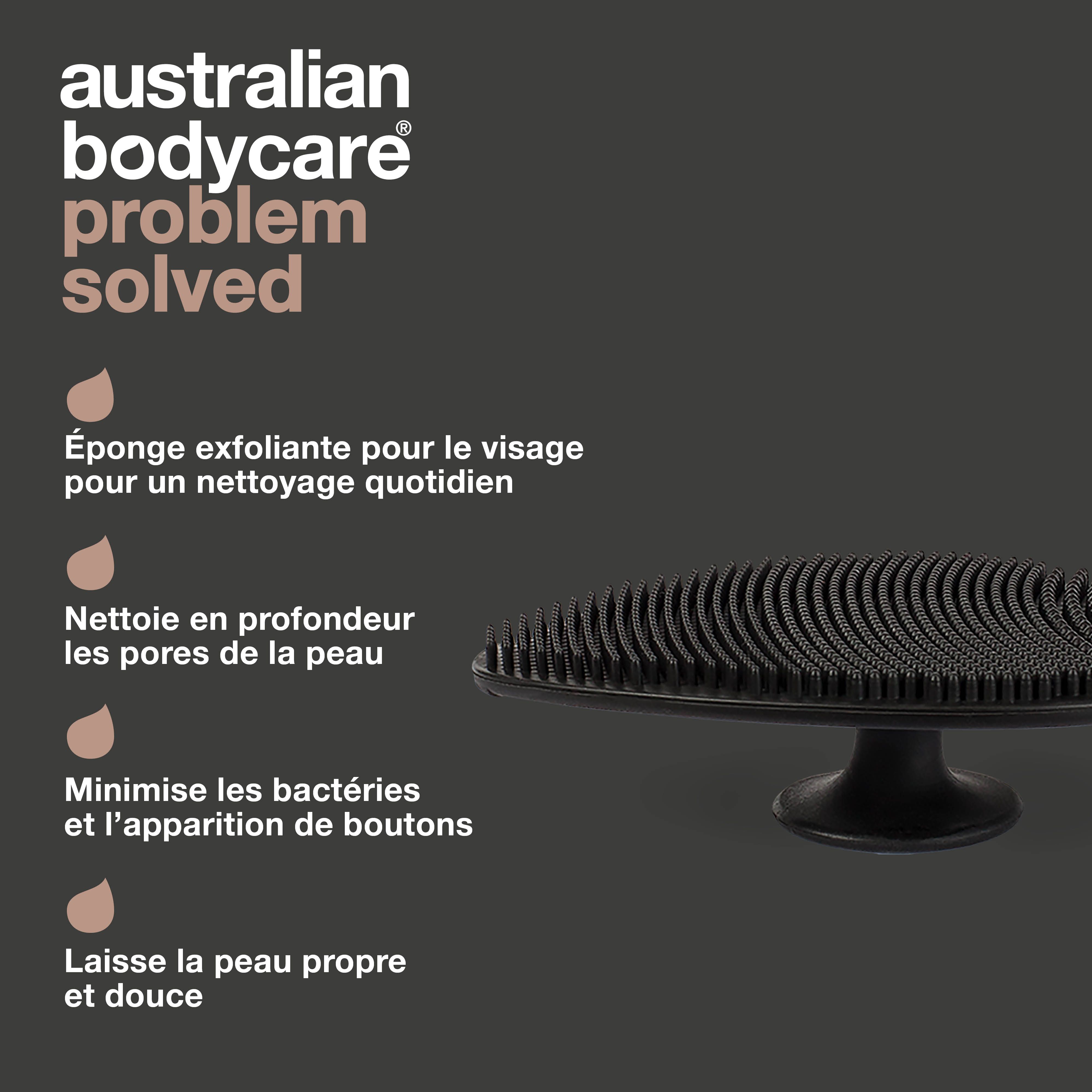 Problème et solution. Brosse visage noire, en forme de goutte. Texte : boutons, points noirs, pores dilatés, imperfections.