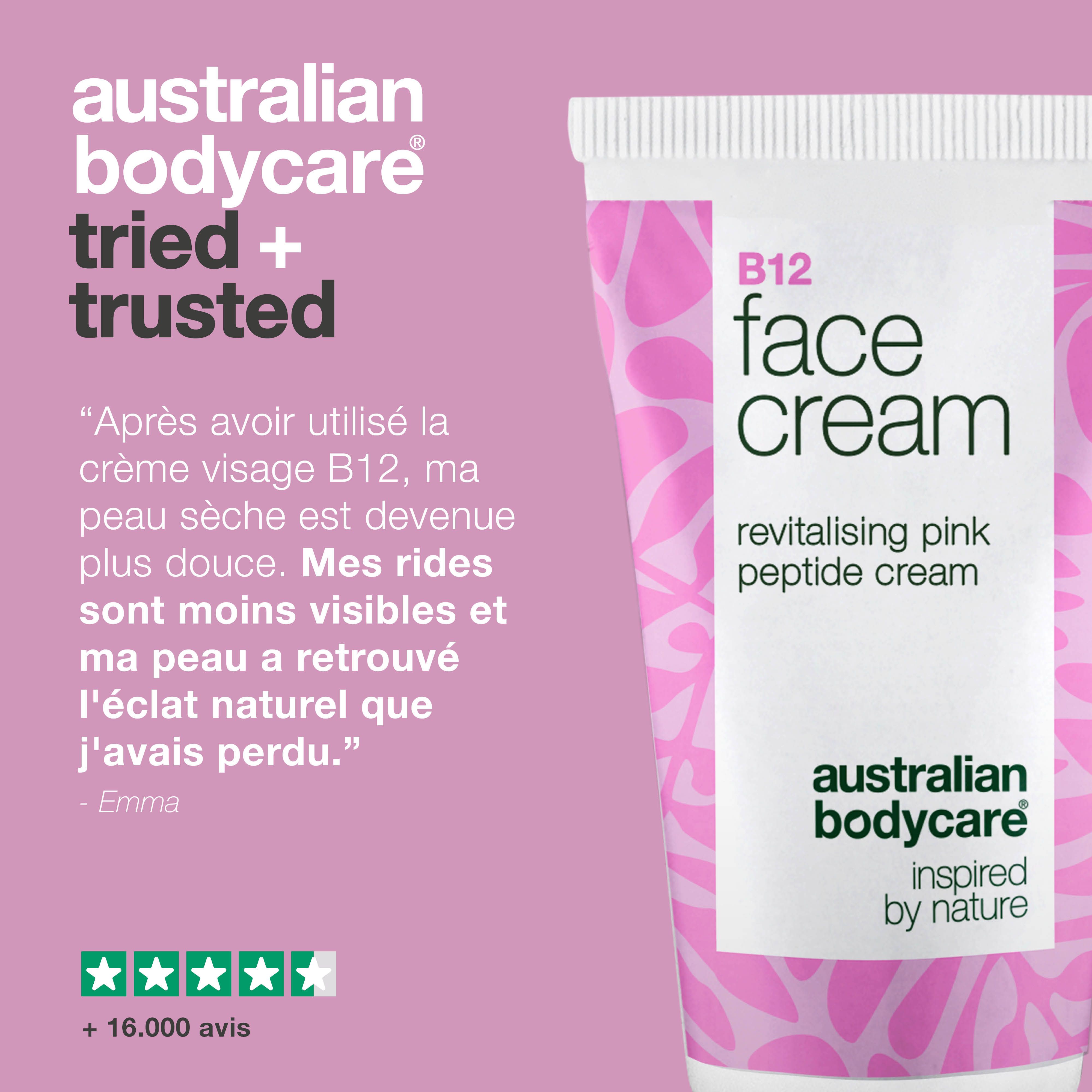 Tube de crème visage B12. Inscription : Face Cream, Australian Bodycare. Citation et évaluation par étoiles. Fond rose.