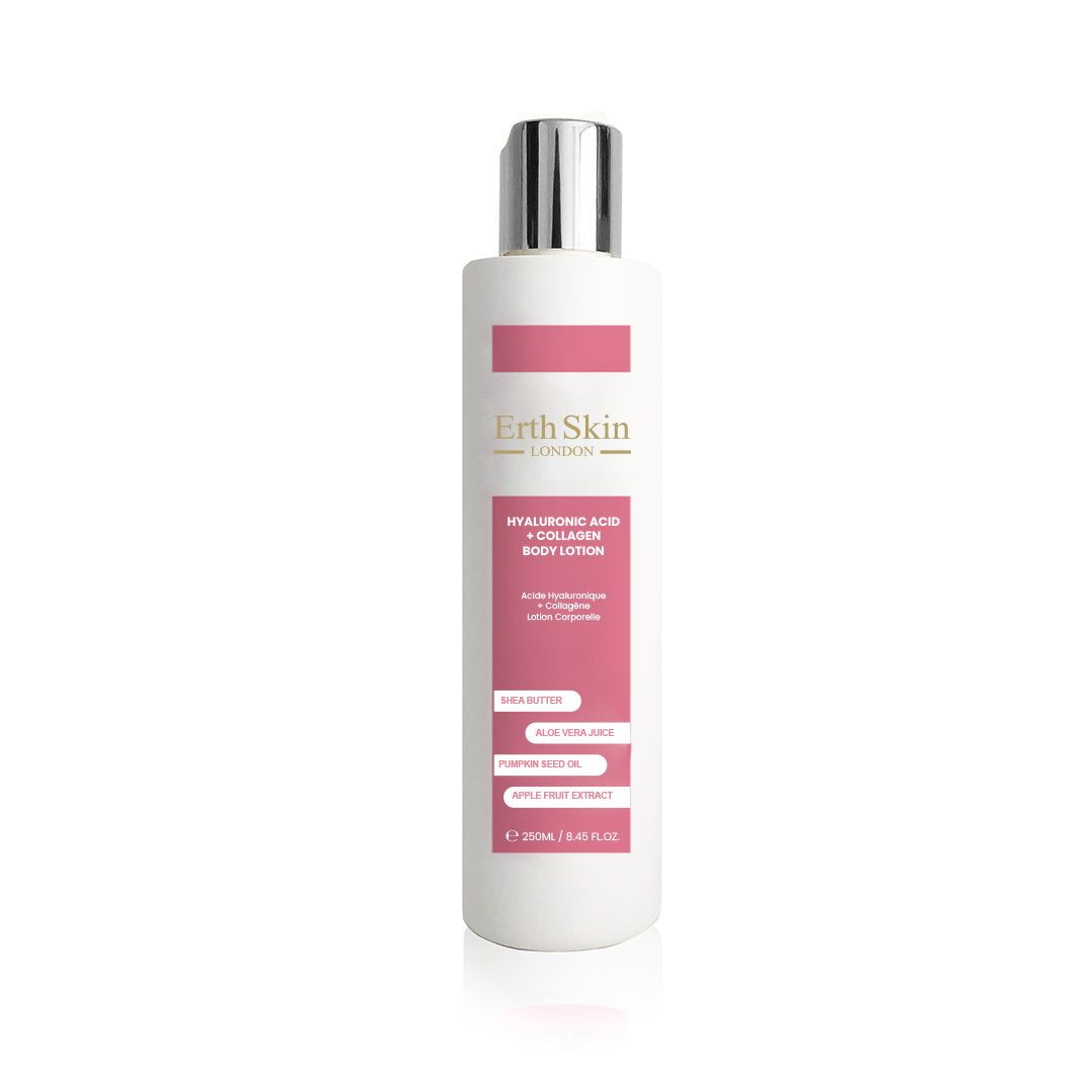 Flacon de lotion pour le corps blanc avec étiquette rose. Contient de l'acide hyaluronique et du collagène. Par ErthSkin London. Sur fond blanc.