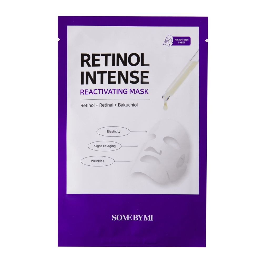 SOMEBYMI Retinol Intense masker verpakking met pipet, gezichtsmasker en tekst.
