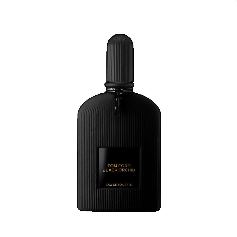 Zwarte fles met geribbeld oppervlak en zwarte dop. Opschrift: TOM FORD BLACK ORCHID EAU DE TOILETTE.