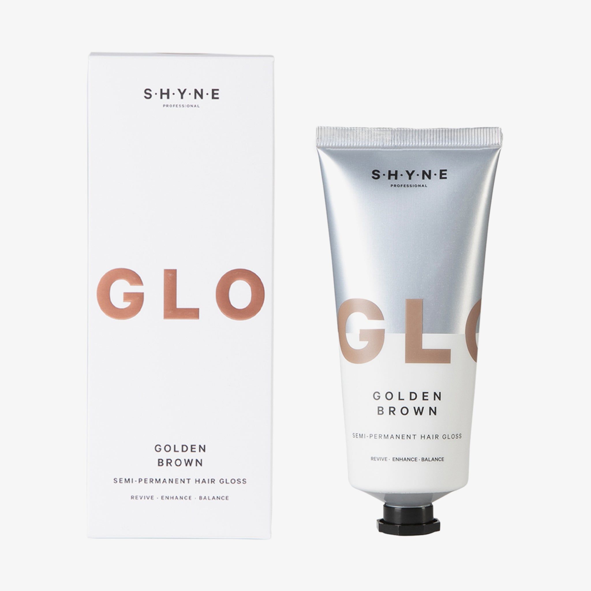 Emballage et tube. Emballage blanc avec inscription GLOSS, GOLDEN BROWN, Semi-Permanent Hair Gloss. Tube argenté.