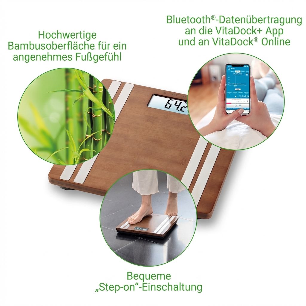 Bamboe lichaamsanalyse weegschaal met display, smartphone app, bamboe detail en gebruiksscène.