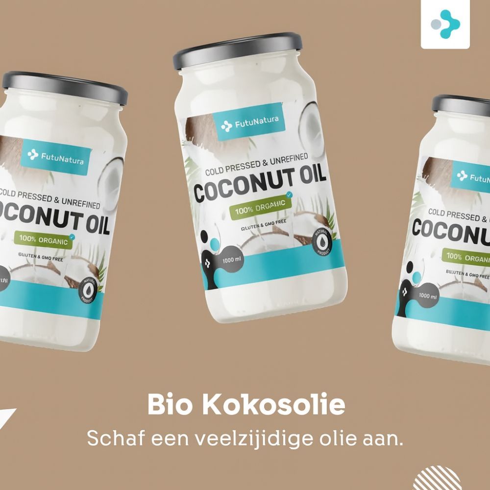 Drie potten kokosolie. Opschrift: COCONUT OIL, 100% ORGANIC, glutenvrij & GGO-vrij. Merk: FutuNatura.