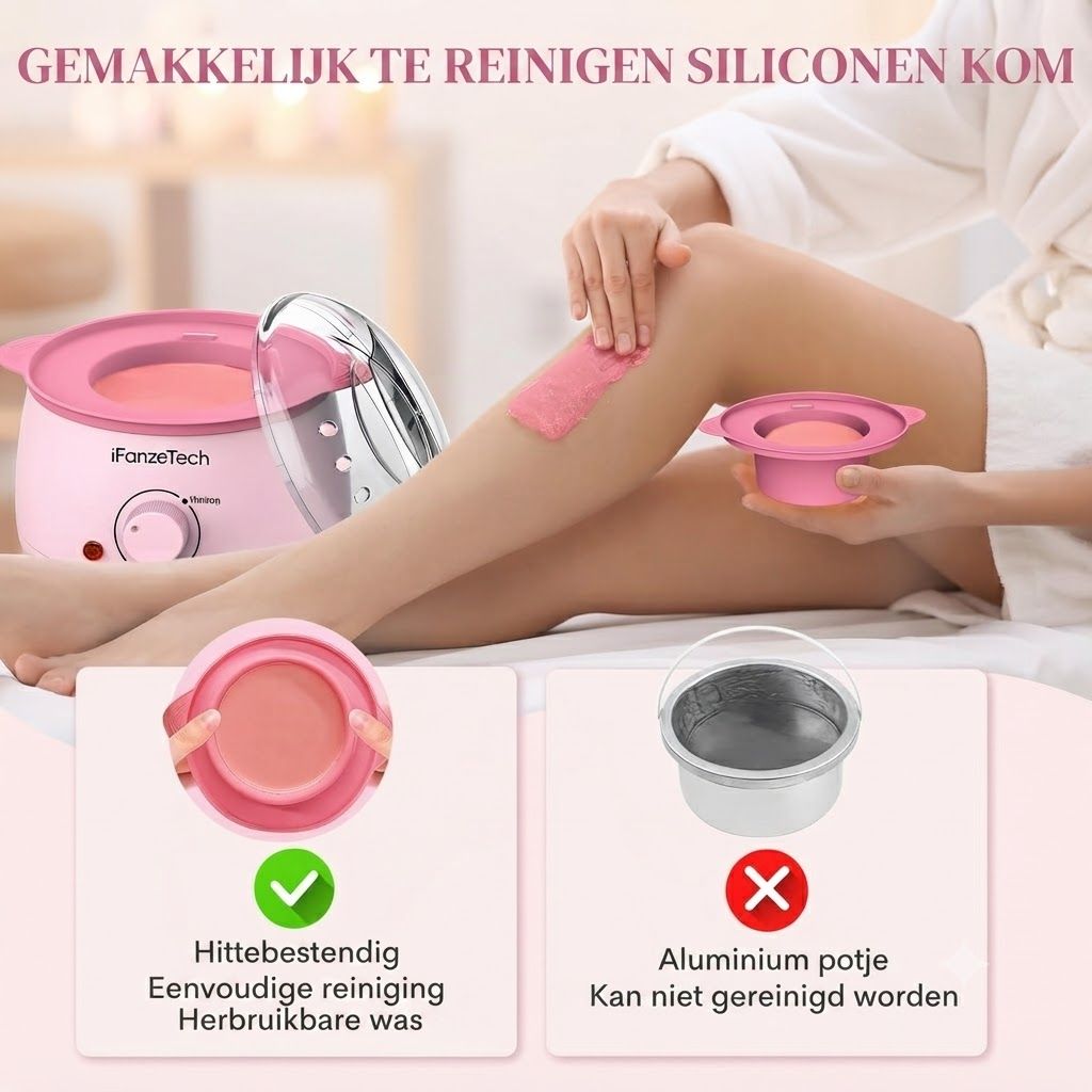 Roze waxverwarmer met transparante deksel en siliconen kom. Een hand brengt roze wax aan op een been.