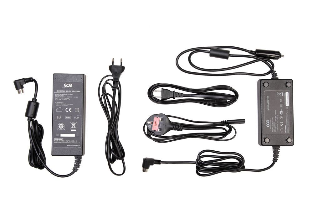 Stroomadapters en kabels voor GCE Zen-O zuurstofconcentrator. Verschillende stekkers.