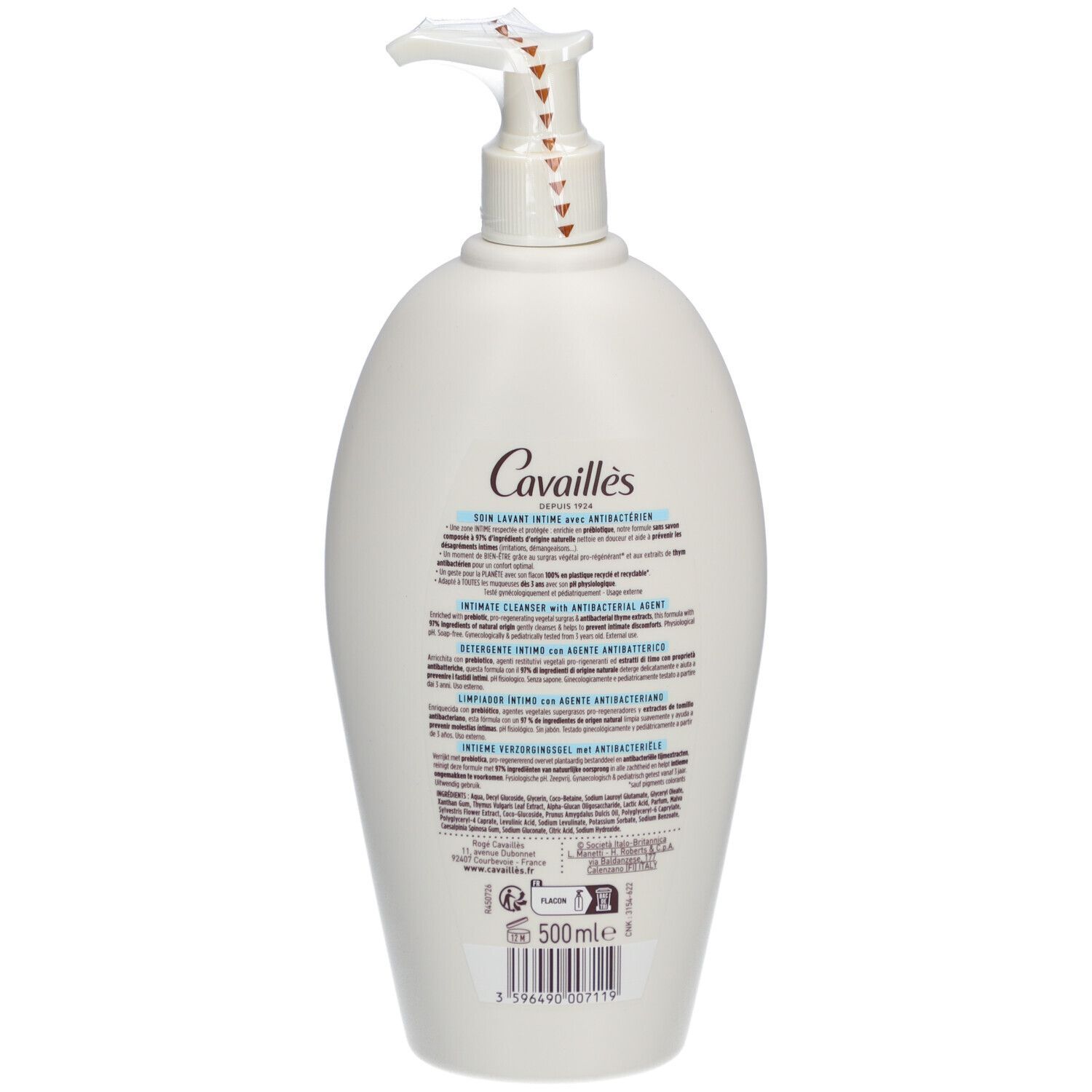 Achterkant van een witte fles. Tekst: Rogé Cavaillès, intieme waslotion met antibacteriële middelen. Ingrediënten, gebruiksaanwijzing.