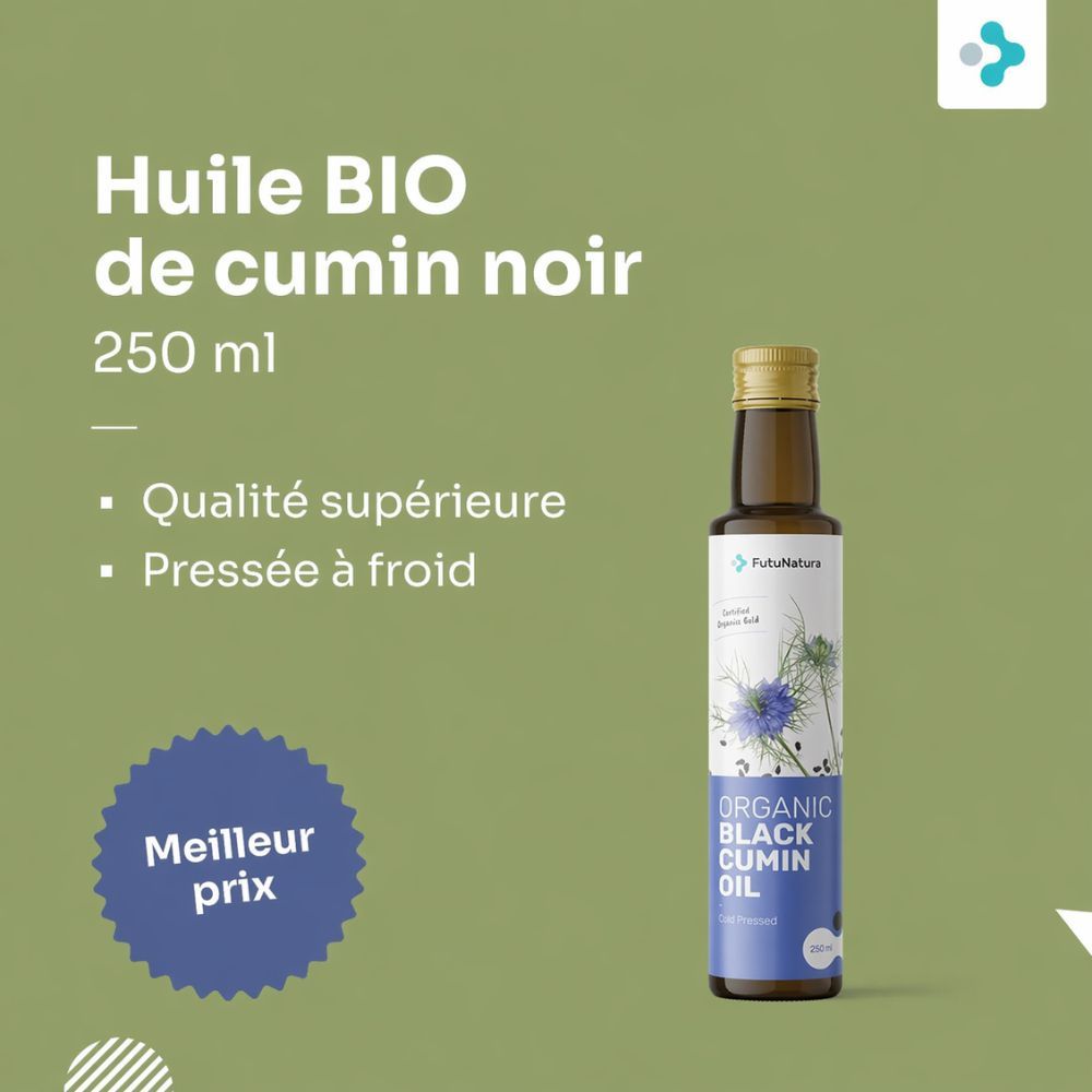 Bouteille d'huile de cumin noir. Inscription : Huile BIO de cumin noir, 250 ml. Qualité supérieure, pressée à froid. Meilleur prix.