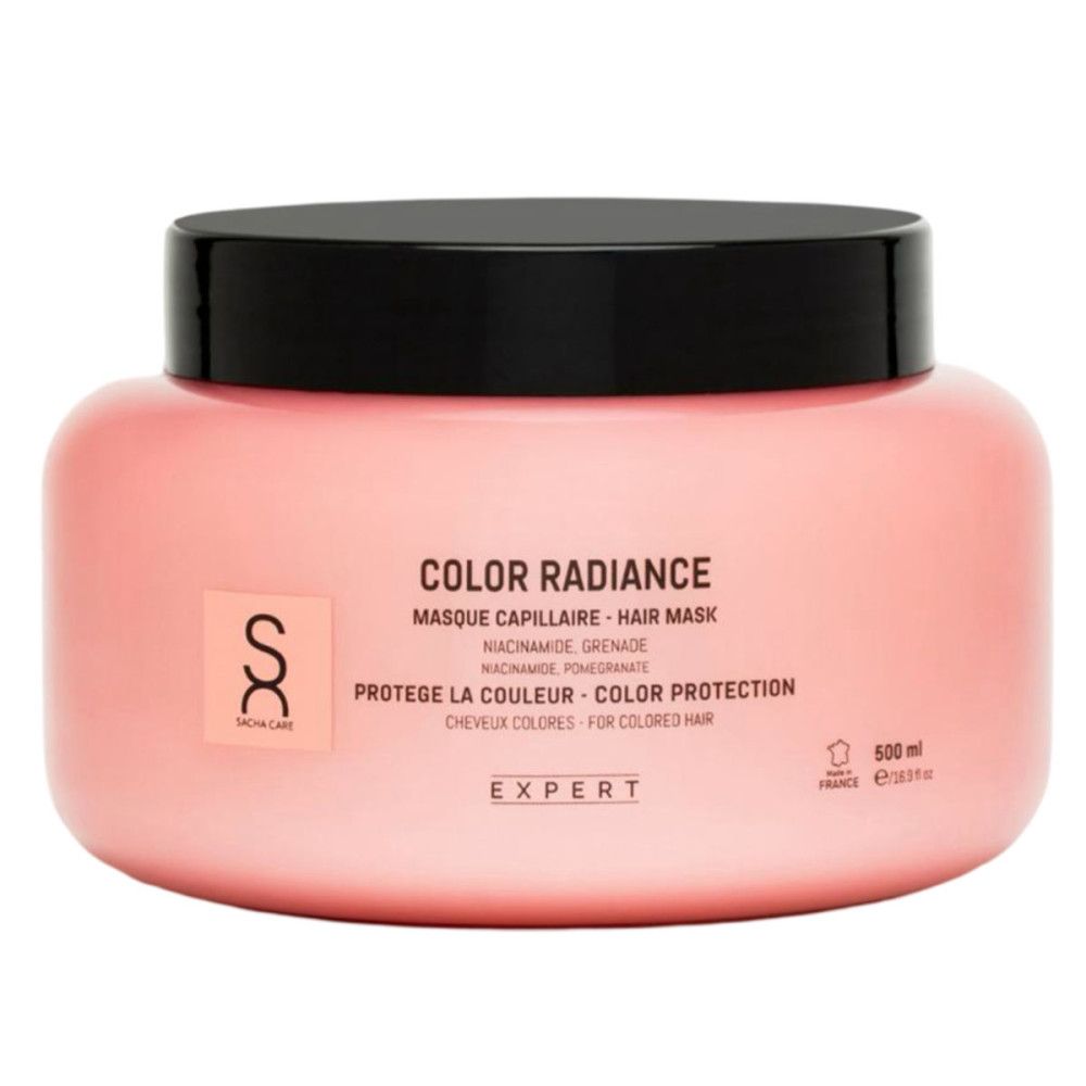 Roze pot met zwarte deksel. Opschrift: Color Radiance, haarmasker. Tekst: Voor gekleurd haar. 500 ml.
