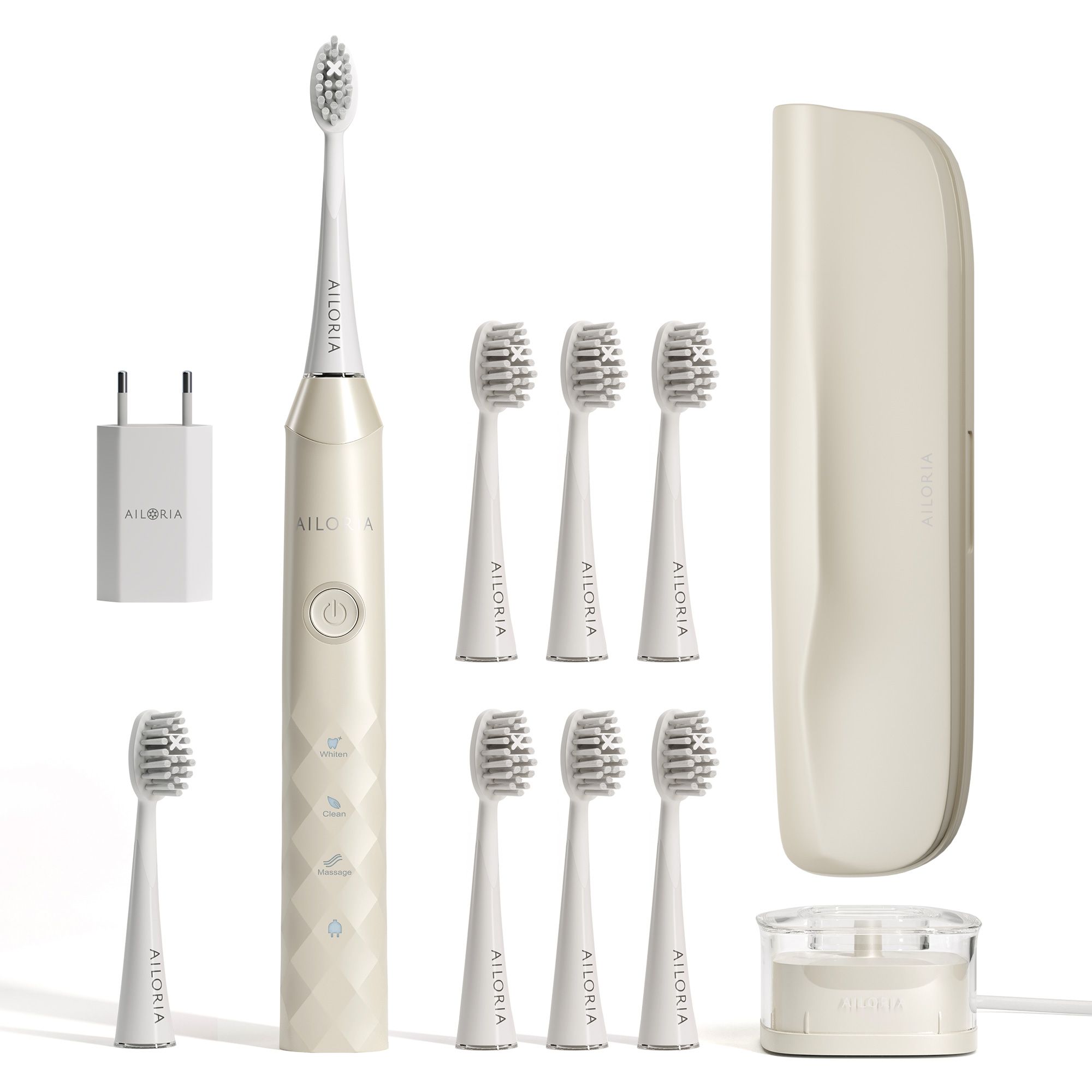 Brosse à dents électrique avec accessoires : chargeur, étui de voyage, 8 têtes de brosse et station de charge. Beige et blanc.