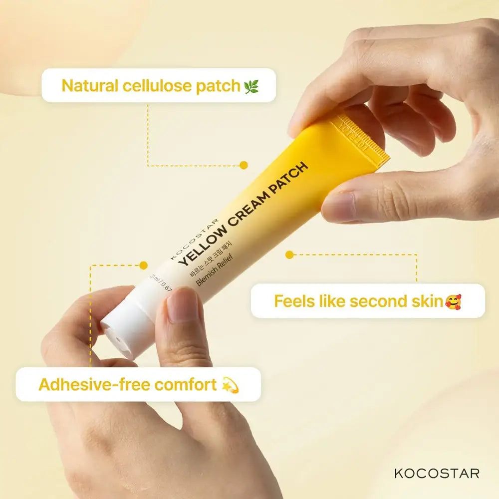 Tube jaune KOCOSTAR Yellow Cream Patch. Mains tenant le tube. Texte: Adhesive-free comfort, Feels like second skin.