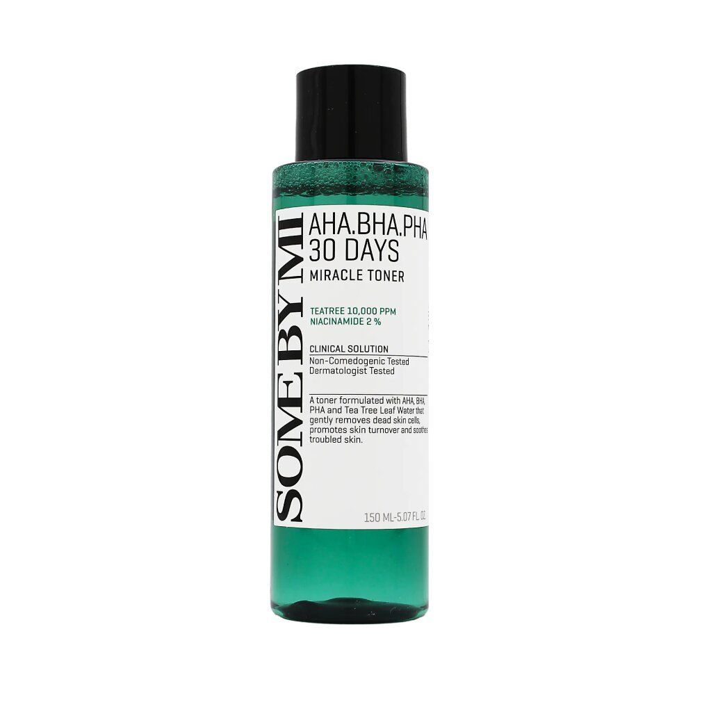 Flacon vert avec bouchon noir. Texte : AHA-BHA-PHA 30 DAYS MIRACLE TONER. Marque SOME BY MI. 150 ml.