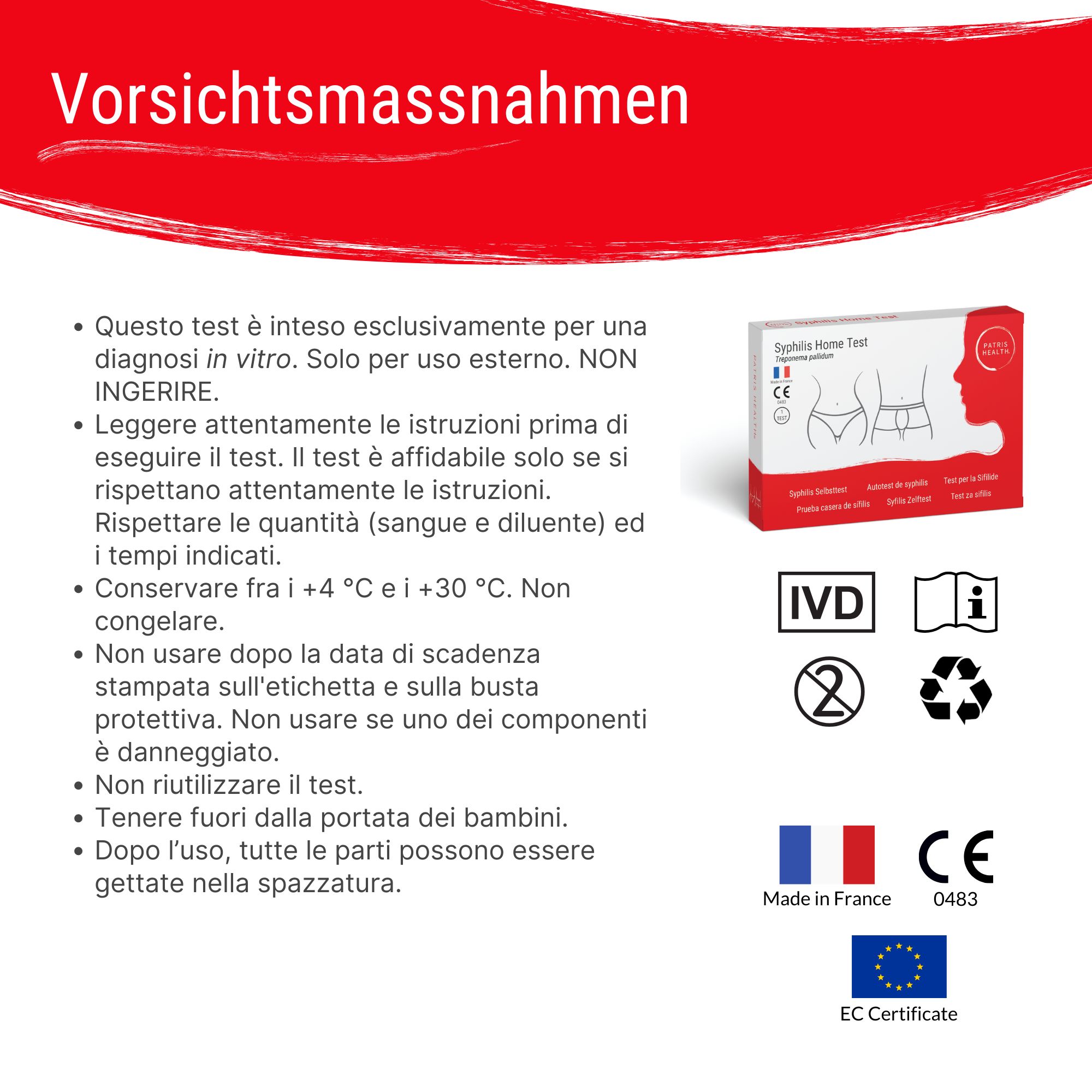 Voorzorgsmaatregelen voor de Patris Health® Syfilis Zelftest. Tekst op rode achtergrond, met productverpakking.