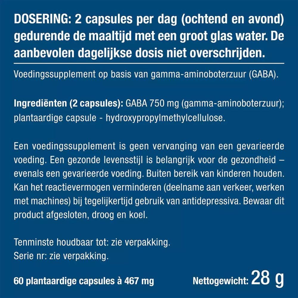 Fles met GABA, 750 mg, 60 capsules. Logo's: glutenvrij, vegetarisch, ISO, recyclebaar.