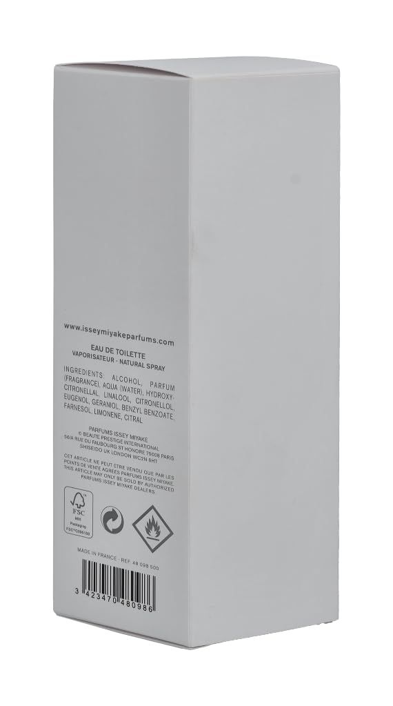 Witte verpakking van Issey Miyake L'Eau d'Issey Eau de Toilette. Tekst, logo's en veiligheidssymbolen op de verpakking.