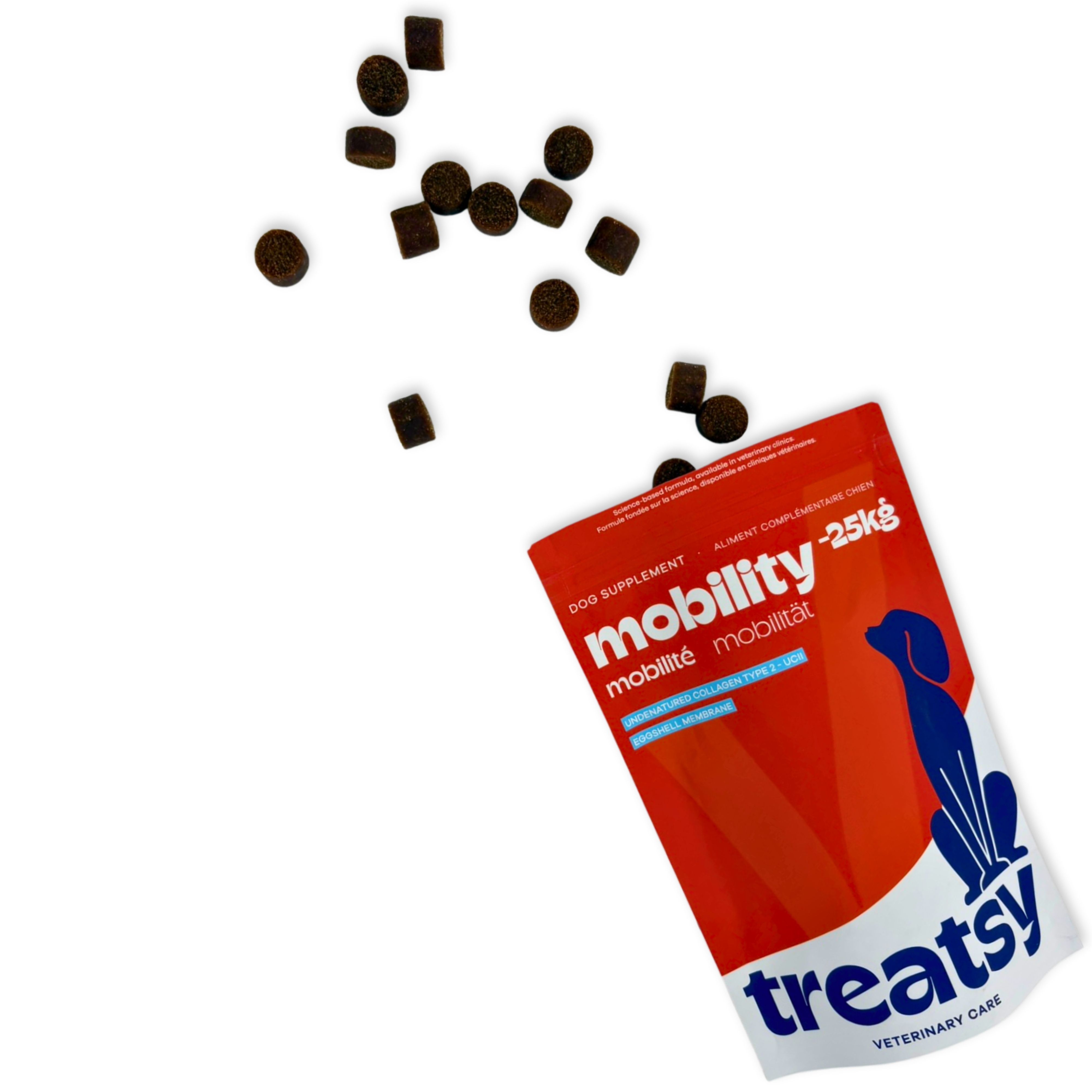 Bruine, ronde tabletten vallen uit een rode zak met "mobility" en "Treatsy".