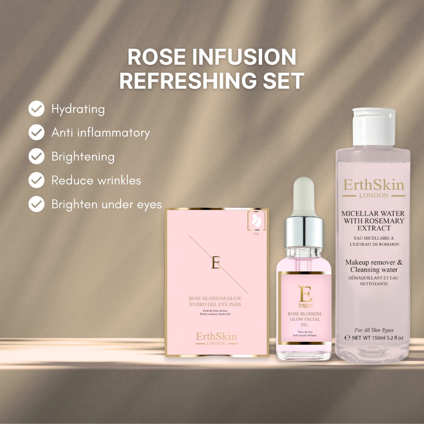 ErthSkin London Rose Blossom Set. Roze verpakking, fles en druppelfles. Tekst: Micellar Water, Rose Blossom Glow, Hydro Gel Eye Pads. Voordelen.