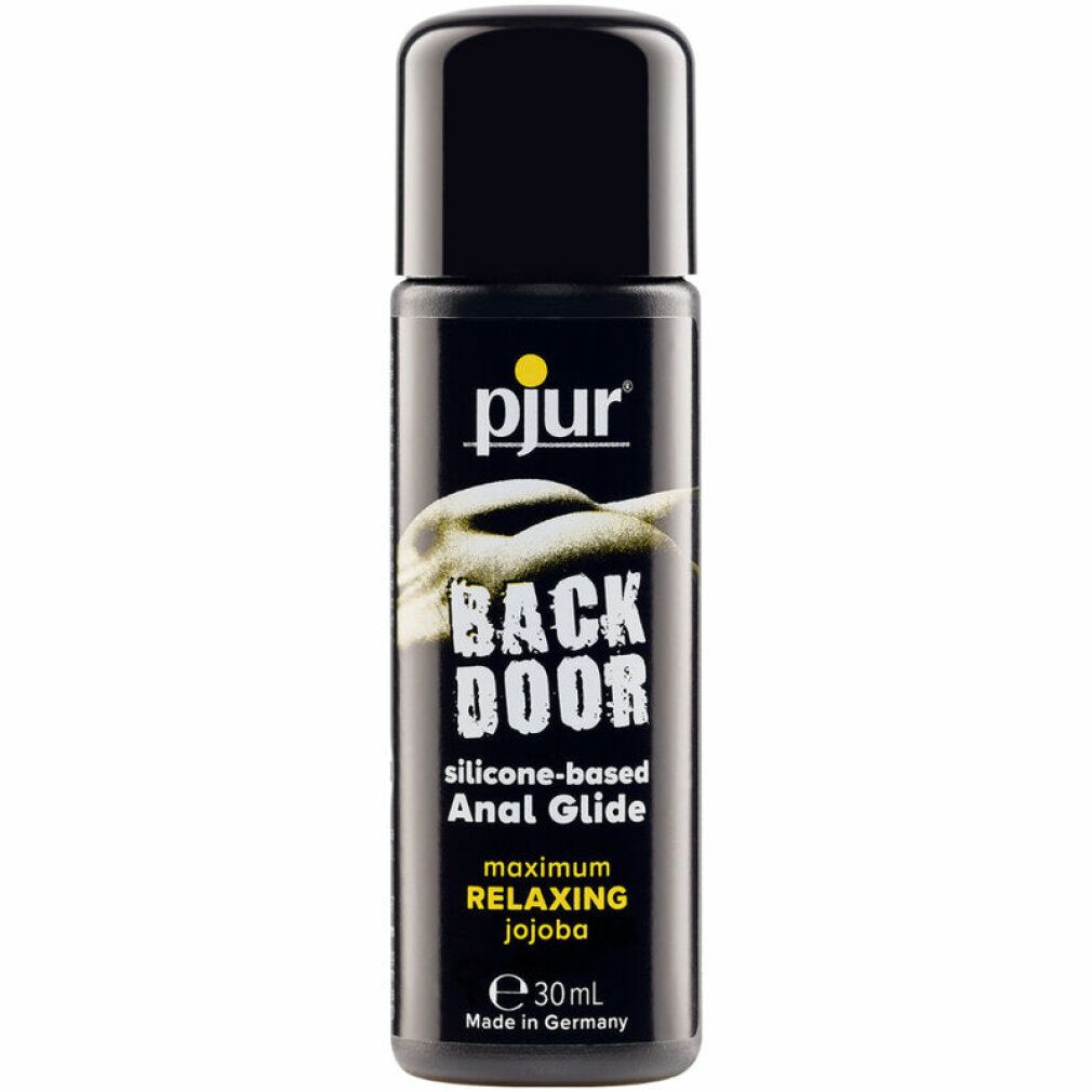 Zwarte fles met zwarte dop. Opschrift: pjur, BACK DOOR, Anal Glide. Bevat 30ml. Gemaakt in Duitsland.
