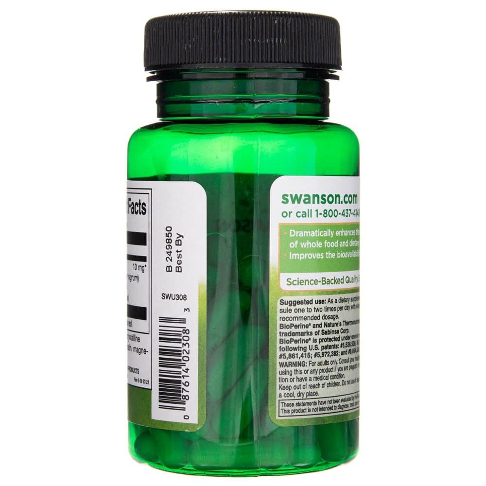 Côté d'un contenant de capsules Swanson BioPerine avec code-barres et date de péremption.