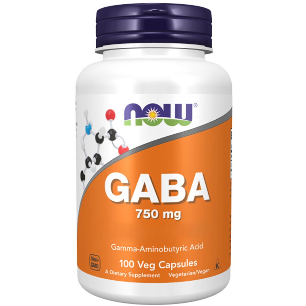 NOW GABA 750 mg, 100 capsules végétales. Acide gamma-aminobutyrique. Sans OGM, végétarien/végan.