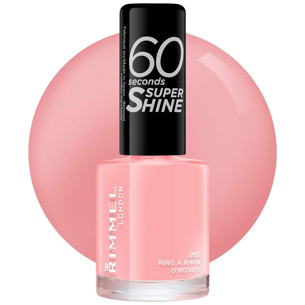 Flacon de vernis à ongles rose devant un cercle rose. Bouchon noir avec inscription: 60 seconds Super Shine. Marque: Rimmel London. Teinte: Ring a Ring O' Roses.