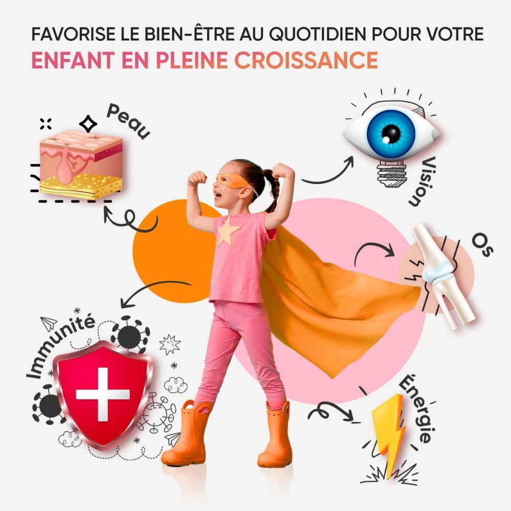 Enfant en super-héros avec bouclier, cœur, cerveau, œil et éclair. Texte : Peau, immunité, os, énergie, vision.